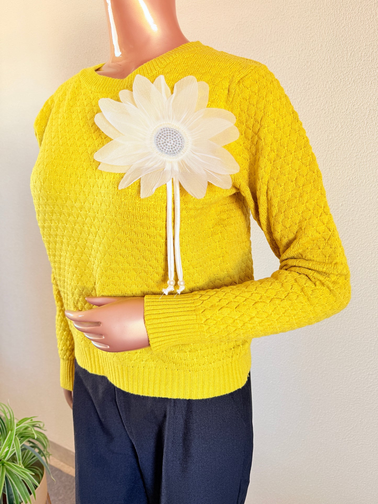 Woollen Top with Floral Patch- Hot Yellow