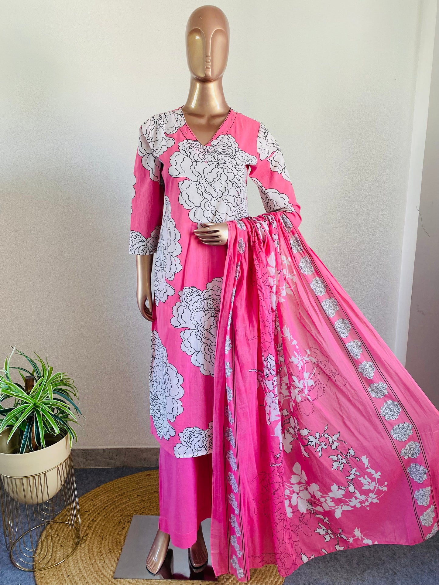 Floral Print V Neck Cotton Suit Set