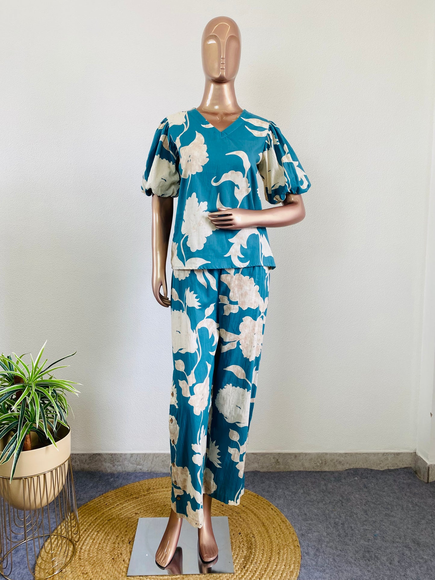 Cotton Coord Set with Puff Sleeves and Buttoned Pants- Blue