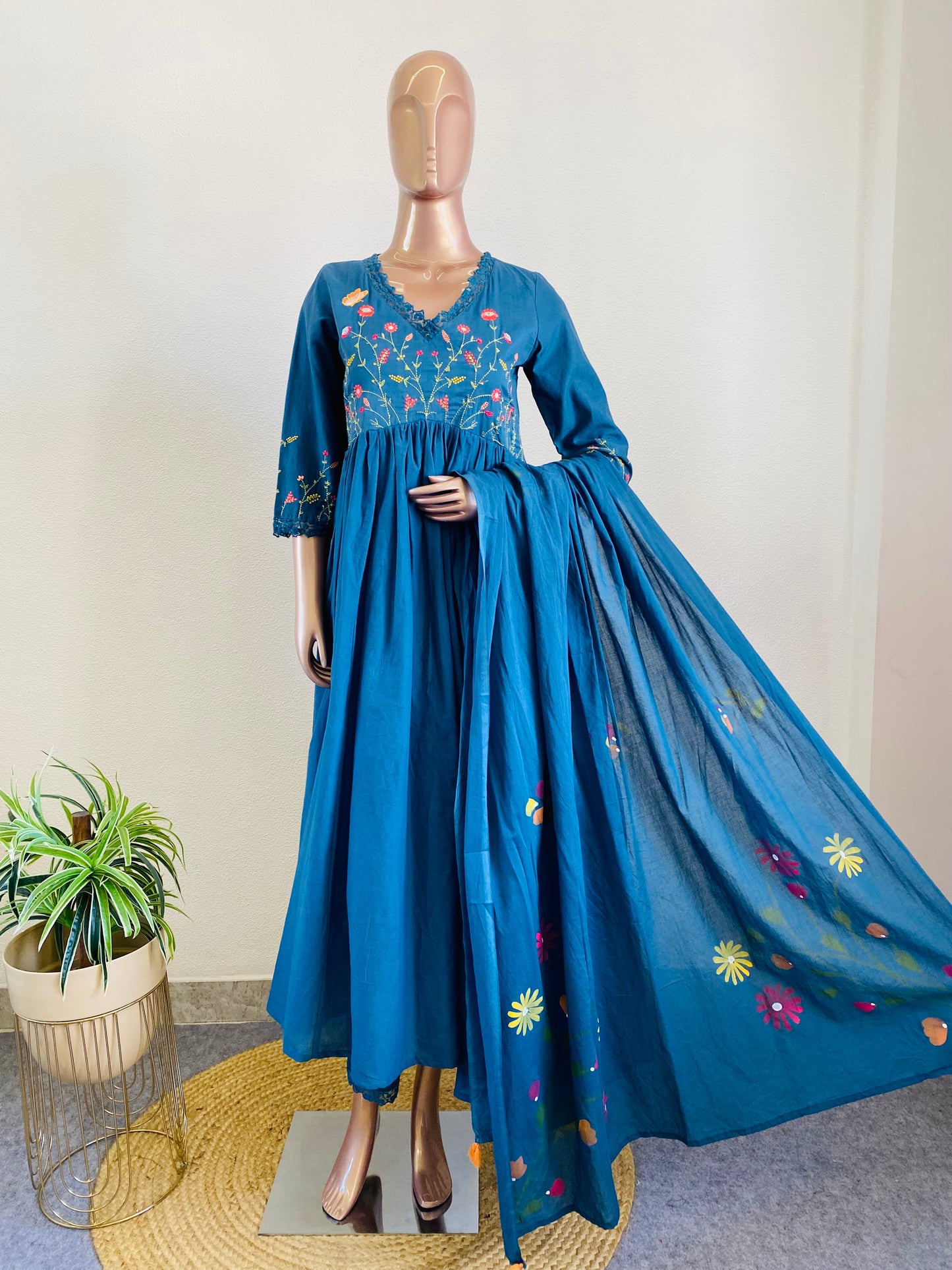 Embroidered frock suit with hand painted dupatta
