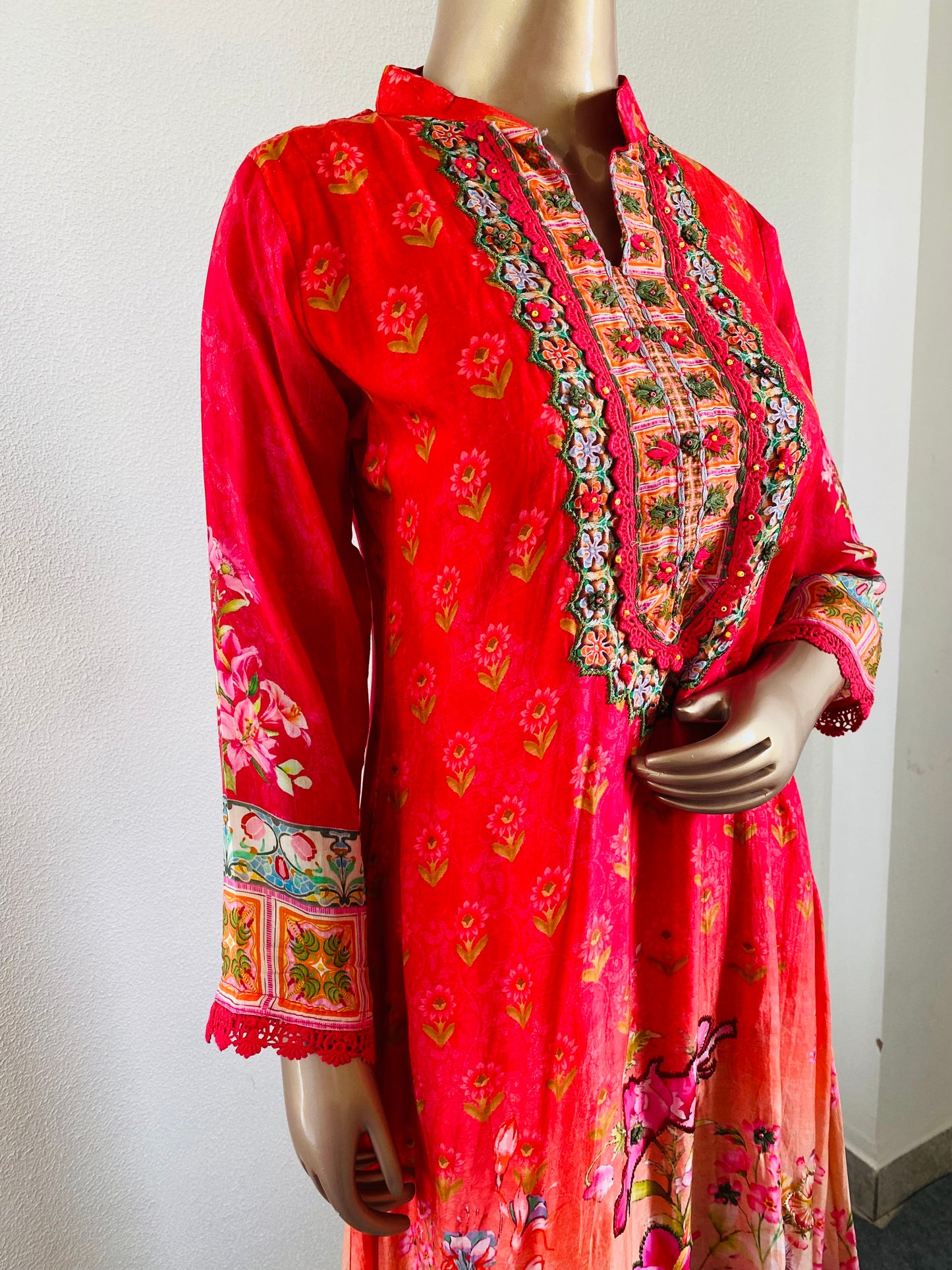 Printed Muslin A-line Suit Set-Red