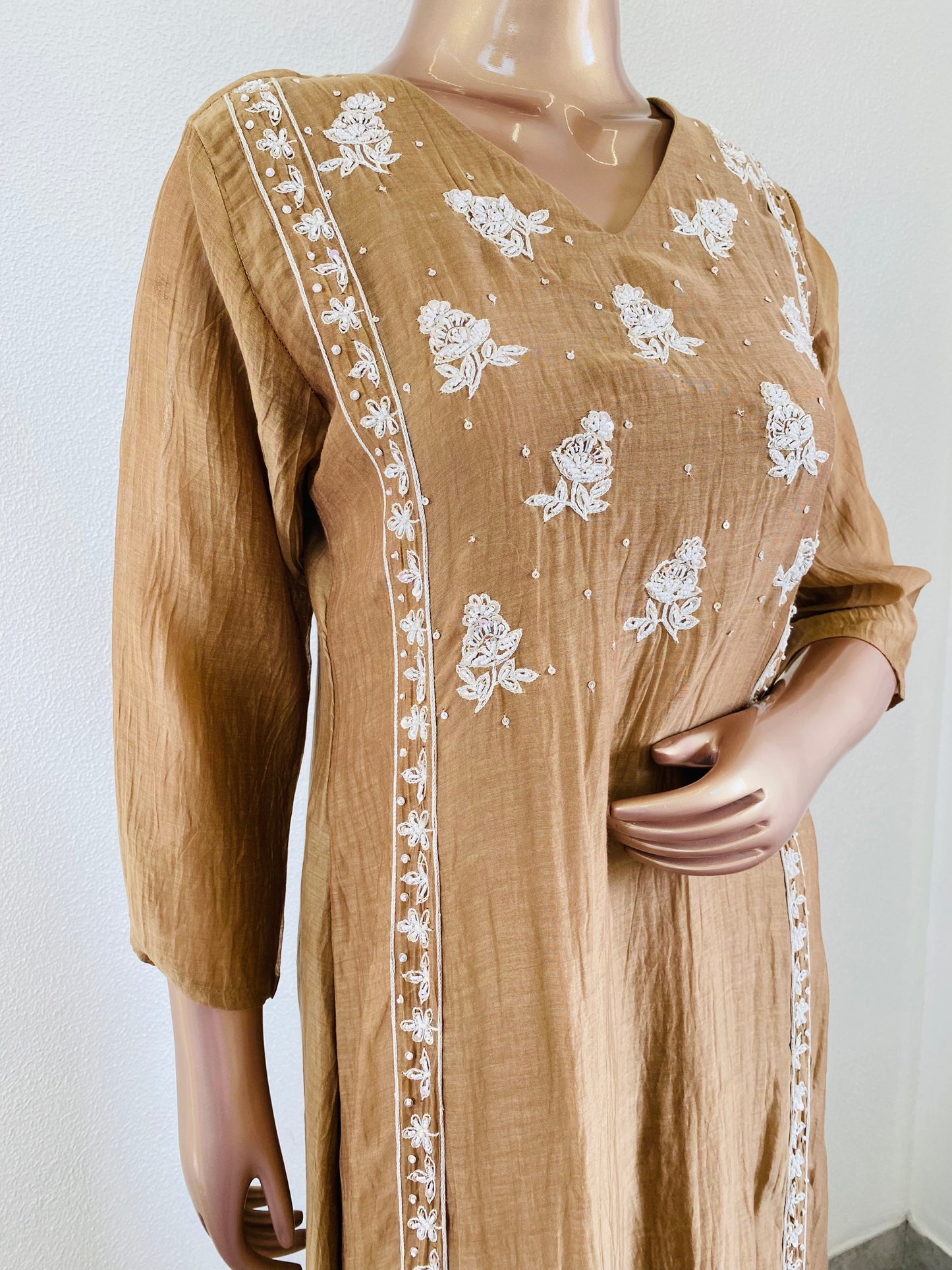 Hand Embroidered Mul Chanderi Frock Suit Set