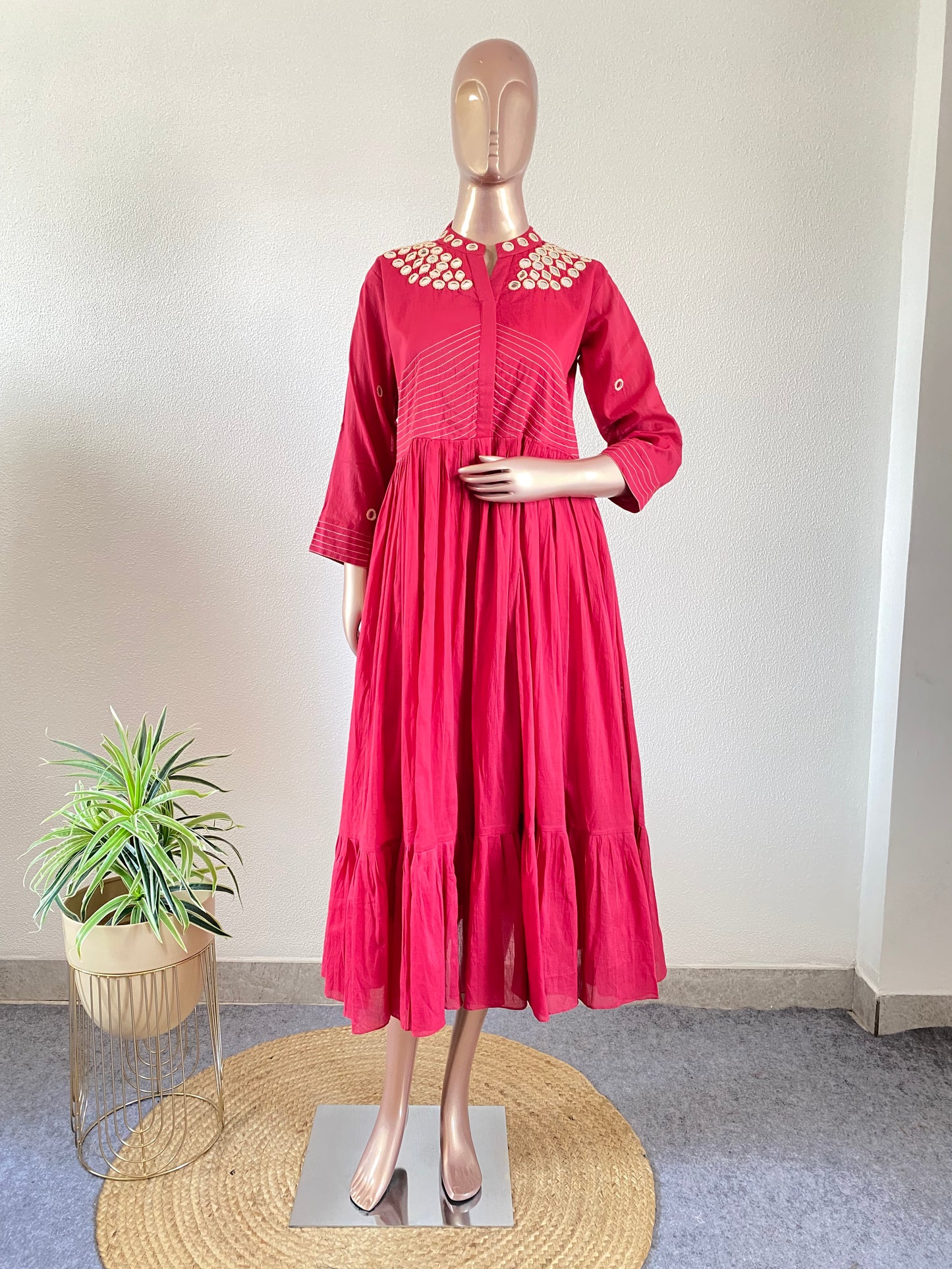 Mirror Work Mul Cotton Tunic- Cherry