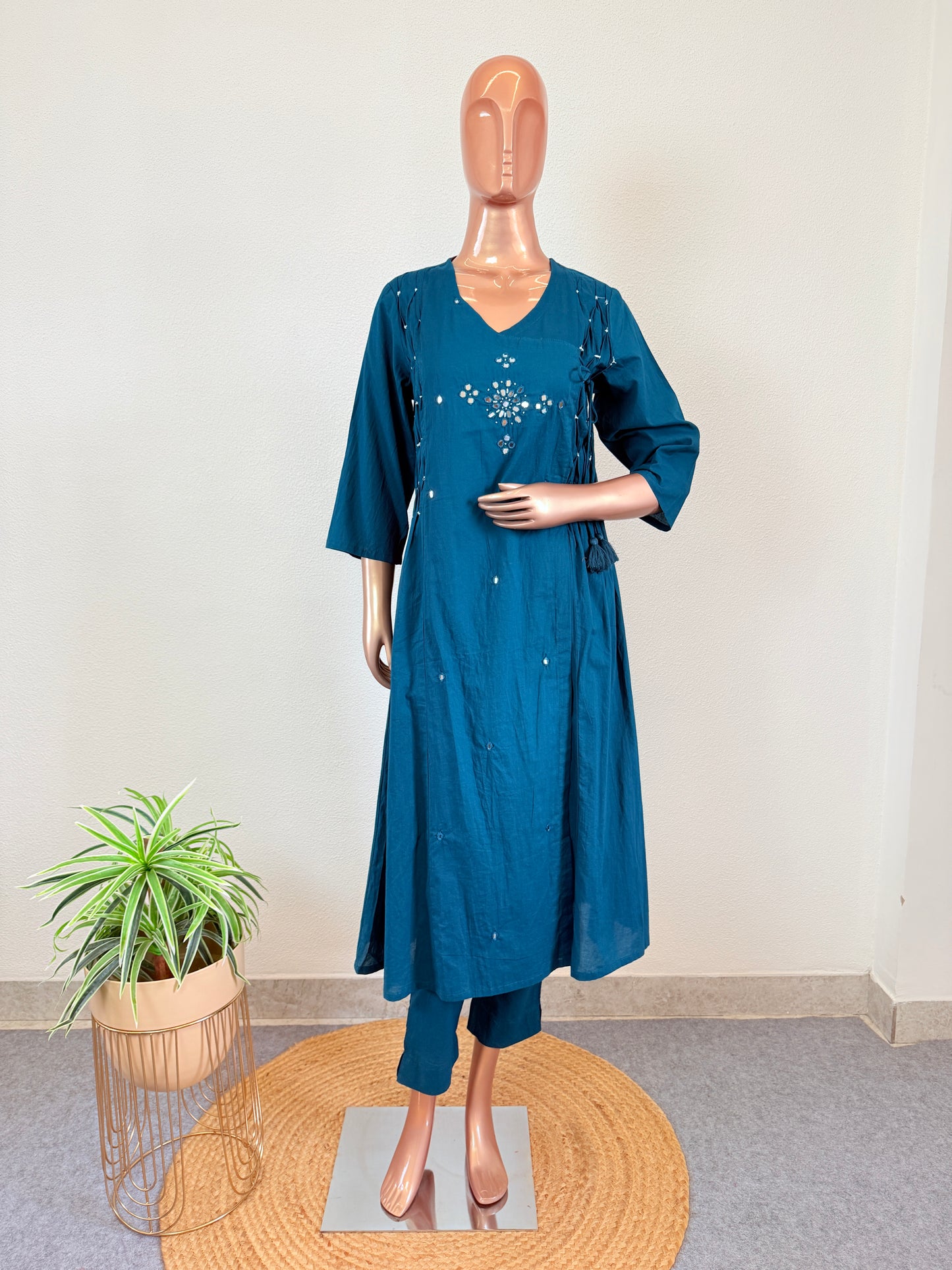 Mirror Work Angrakha Suit with Kalamkari Dupatta