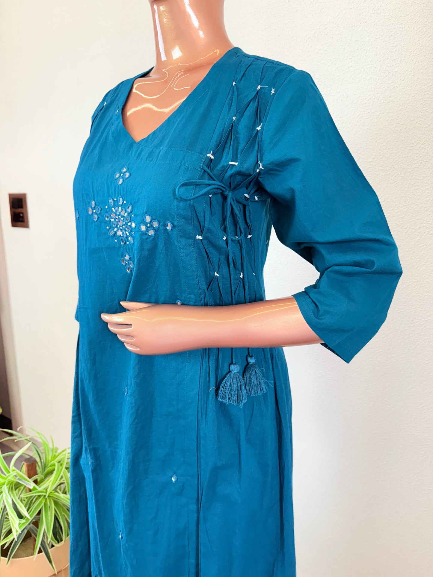 Mirror Work Angrakha Suit with Kalamkari Dupatta