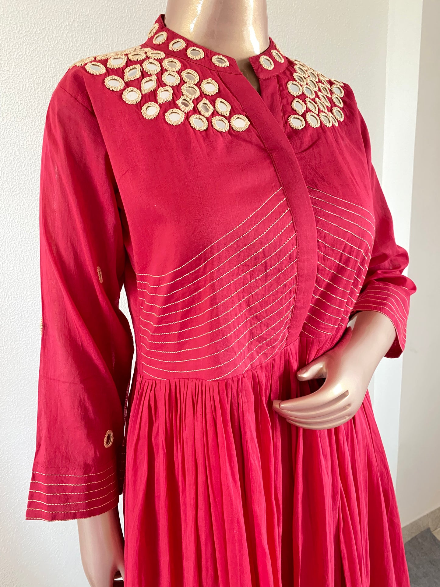 Mirror Work Mul Cotton Tunic- Cherry