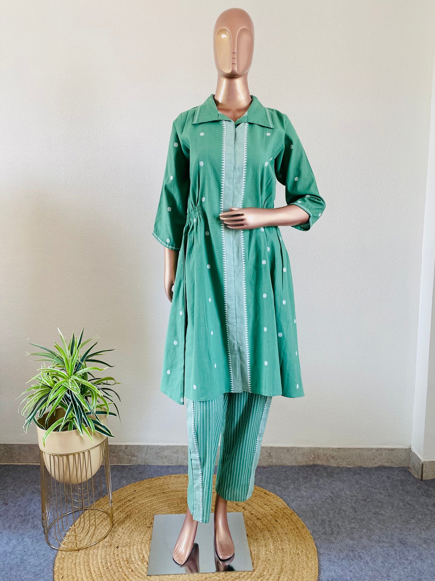 Jamdani Cotton Coord Det with elasticated Waist- Green