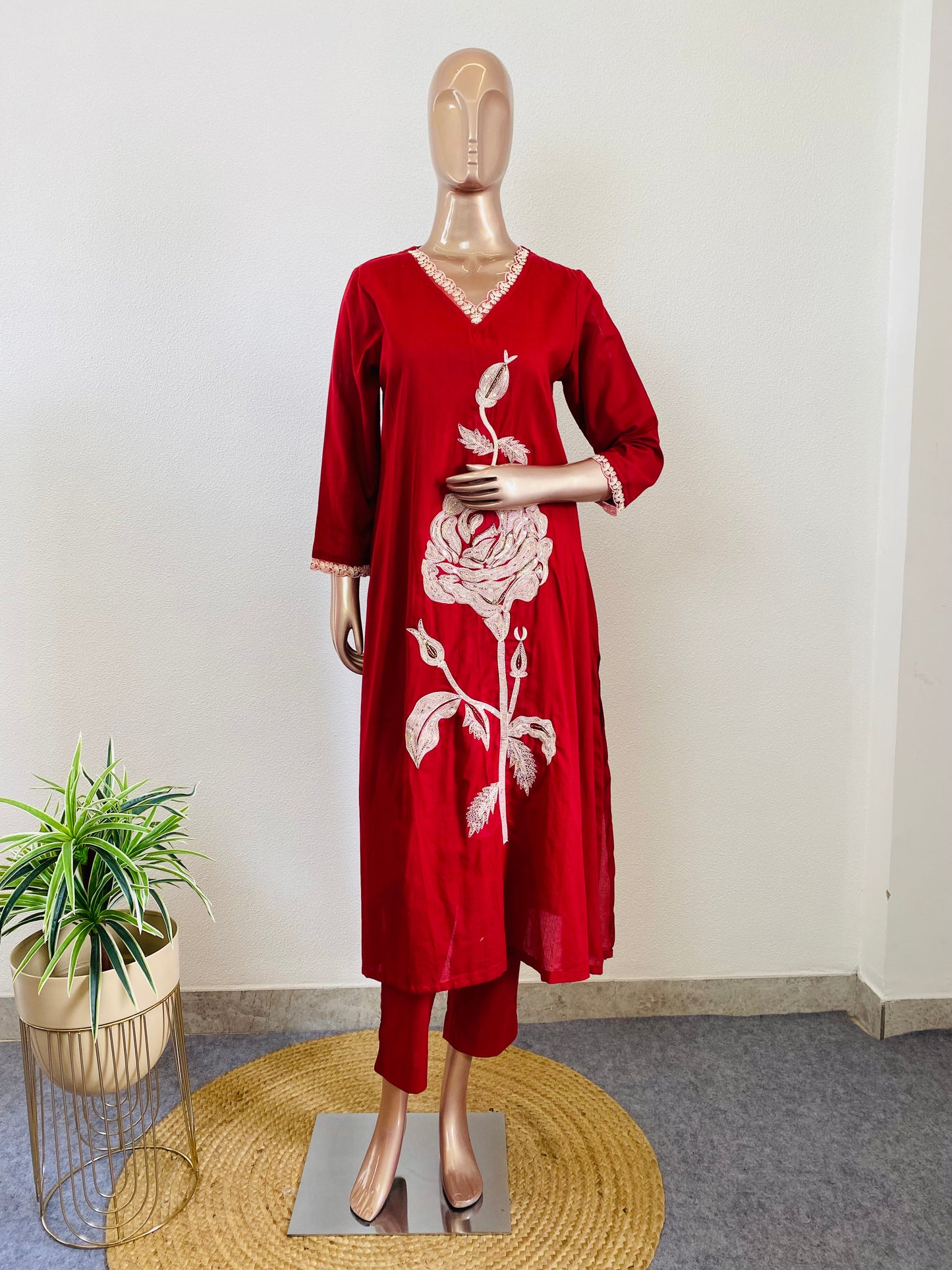 Embroidered Silly Cotton Suit Set with Mul Dupatta