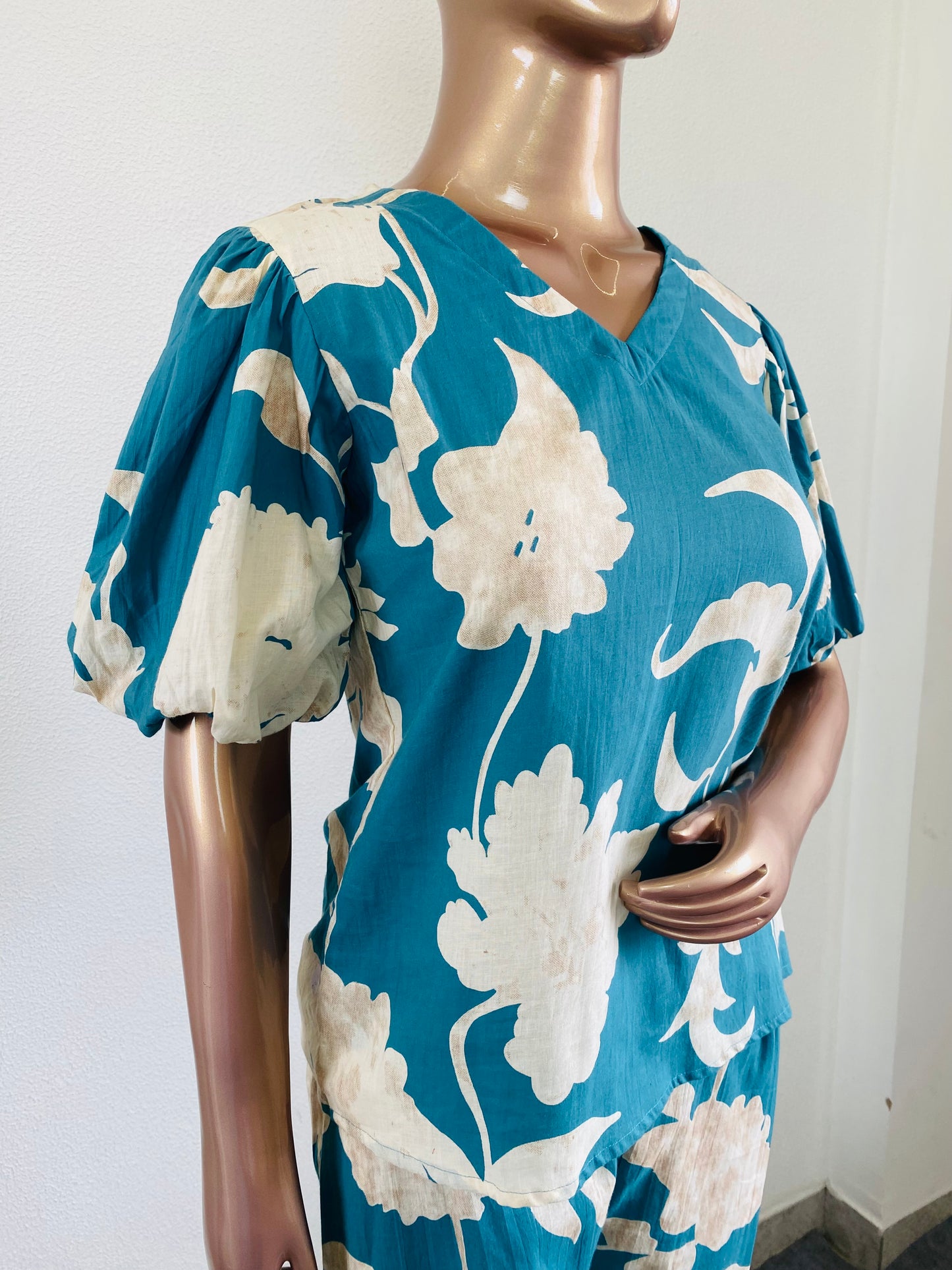 Cotton Coord Set with Puff Sleeves and Buttoned Pants- Blue