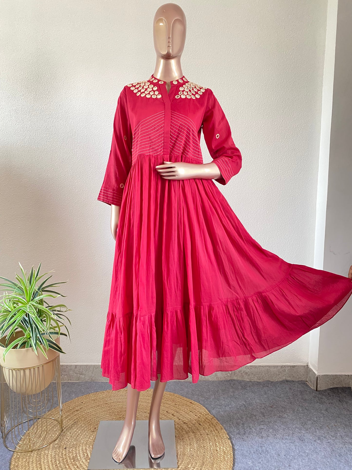 Mirror Work Mul Cotton Tunic- Cherry