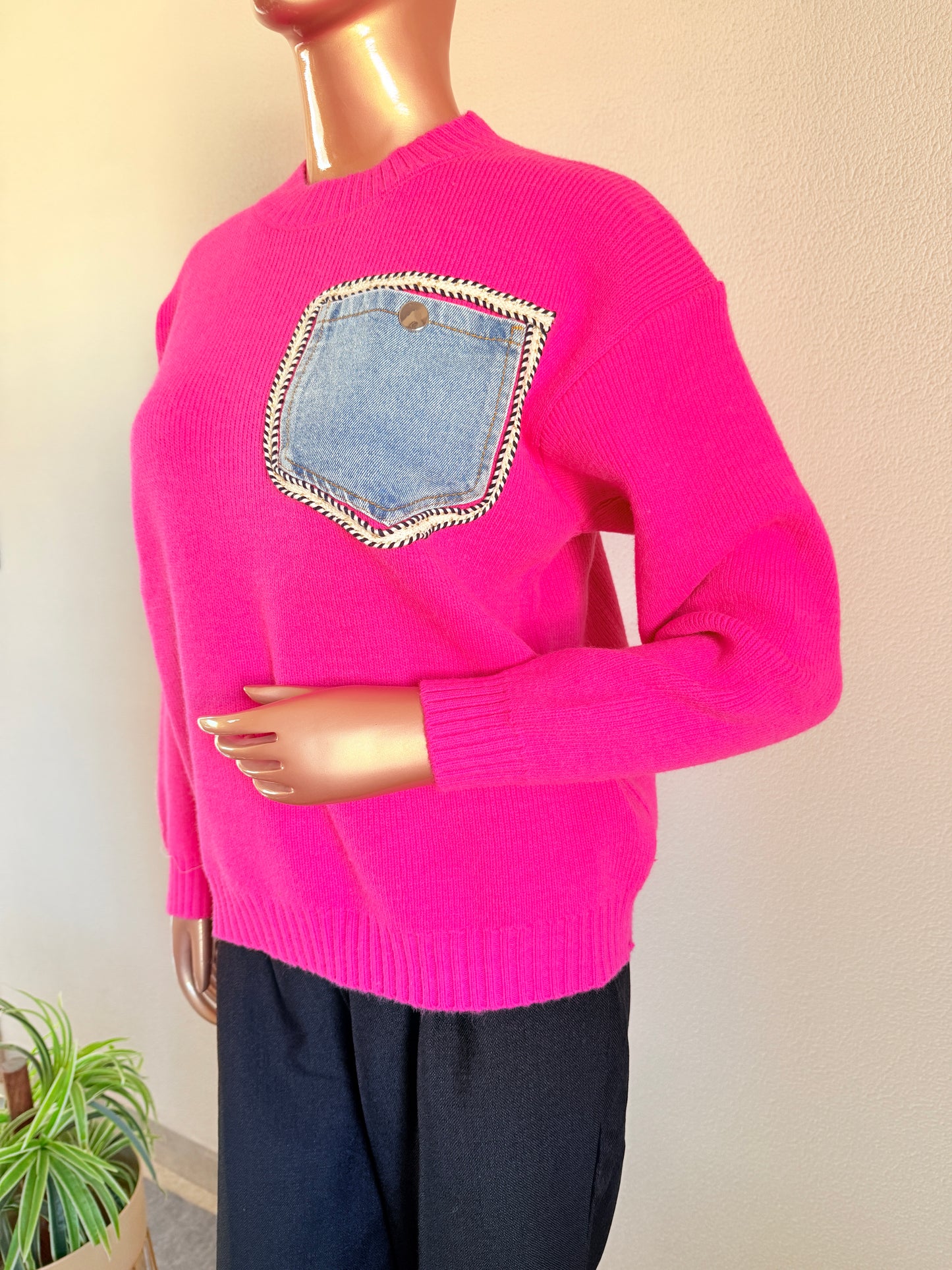 Woollen Sweater with Denim Pocket - Hot Pink