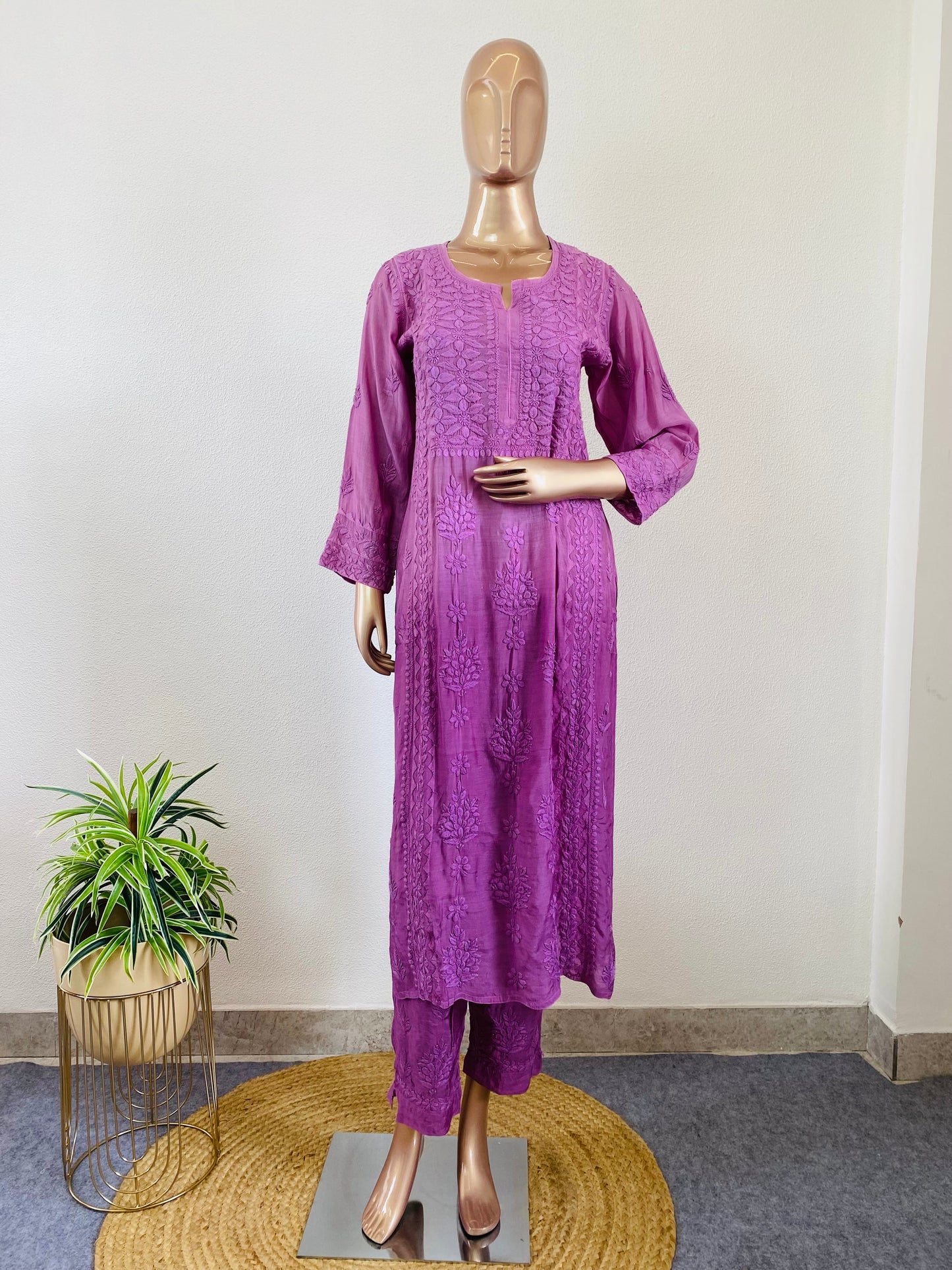 Muslin Ombre Chikankari Kurta Pant Set- Lavender