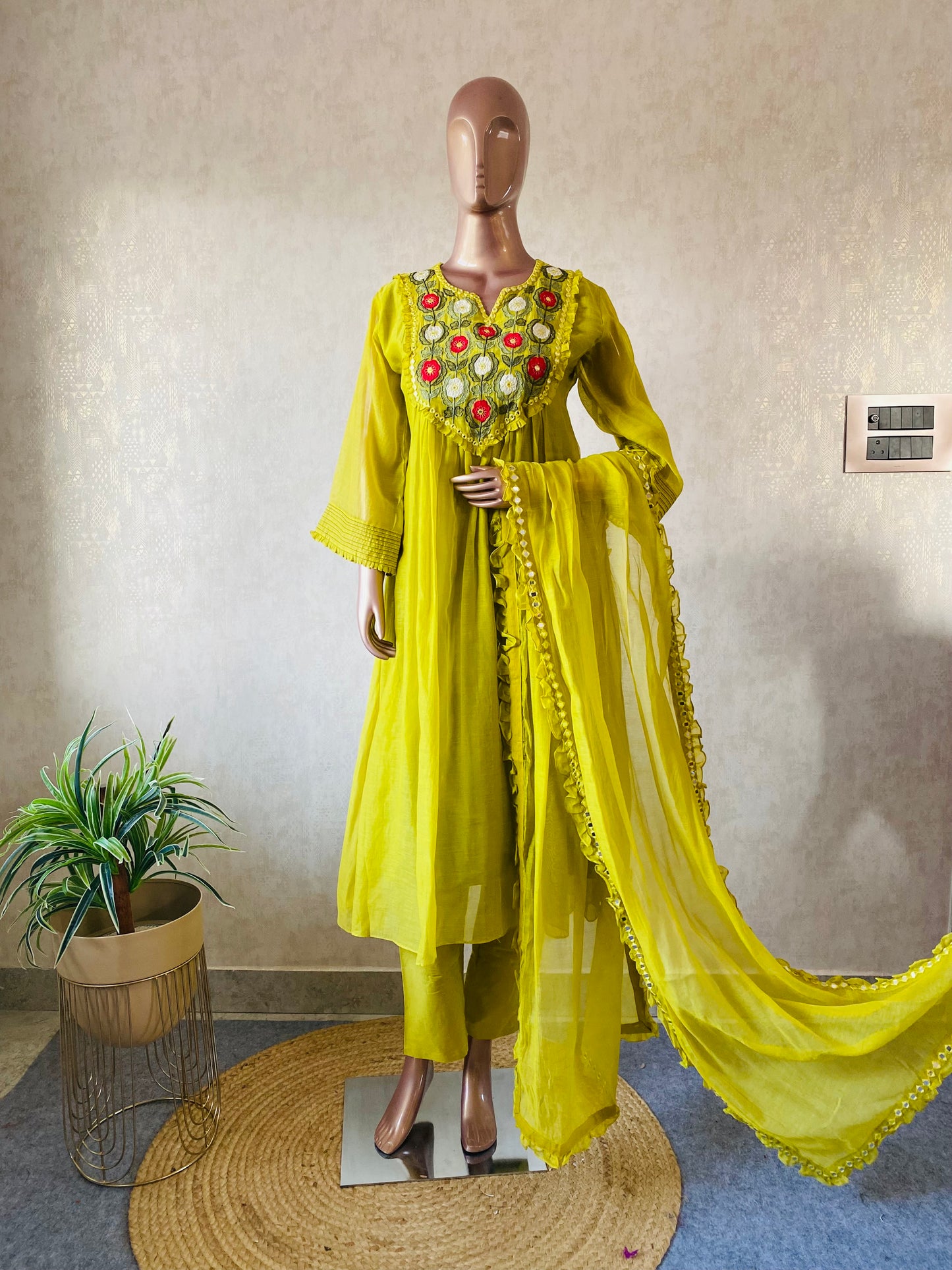 Embroidered Yoke Mul Chanderi Suit Set