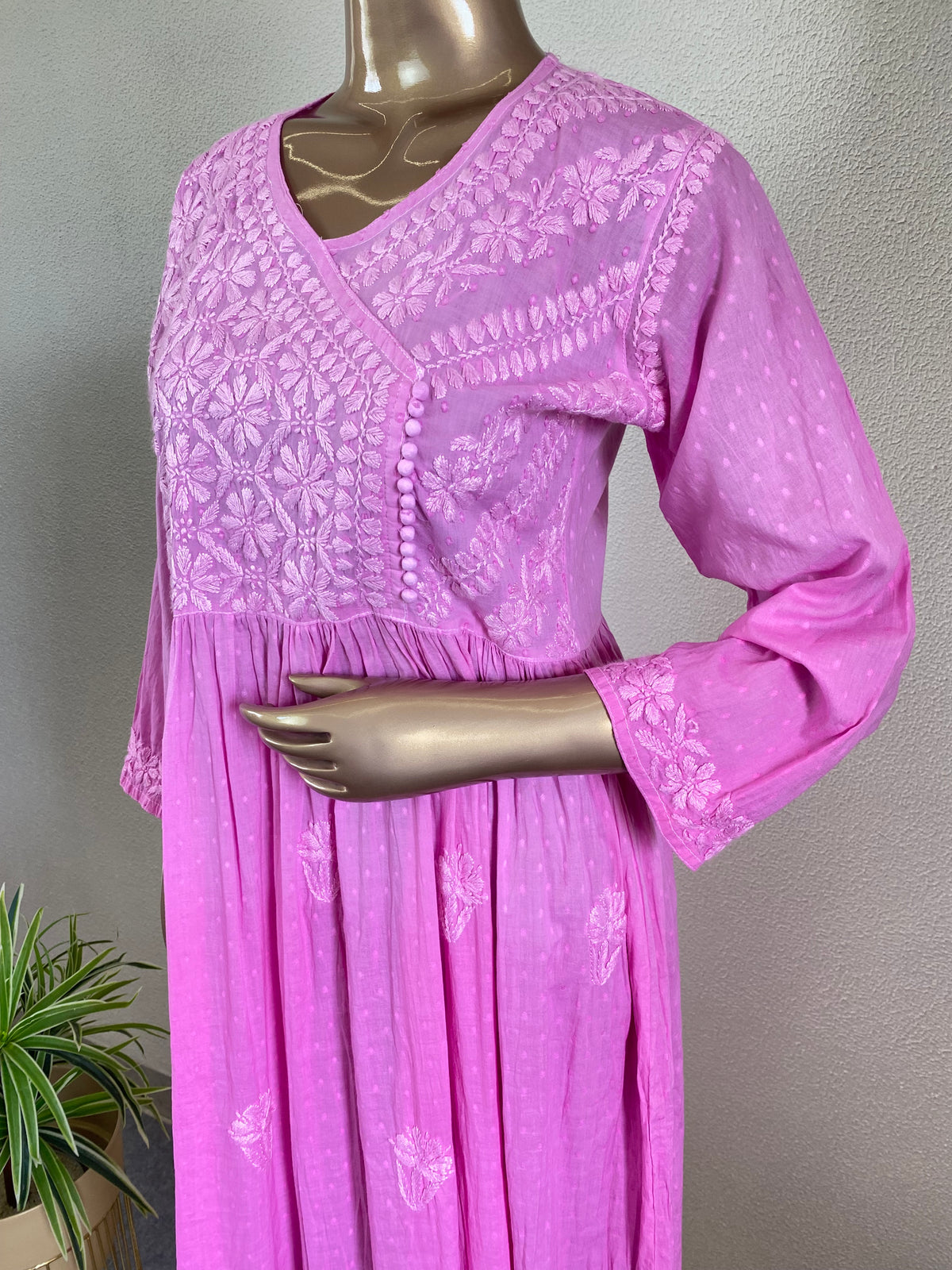 Dobby Cotton Chikankari Tunic - Pink