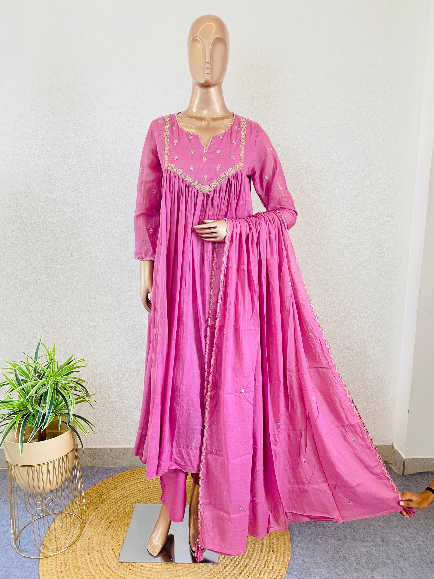 Embroidered Yoke Mul Cotton Frock Suit Set