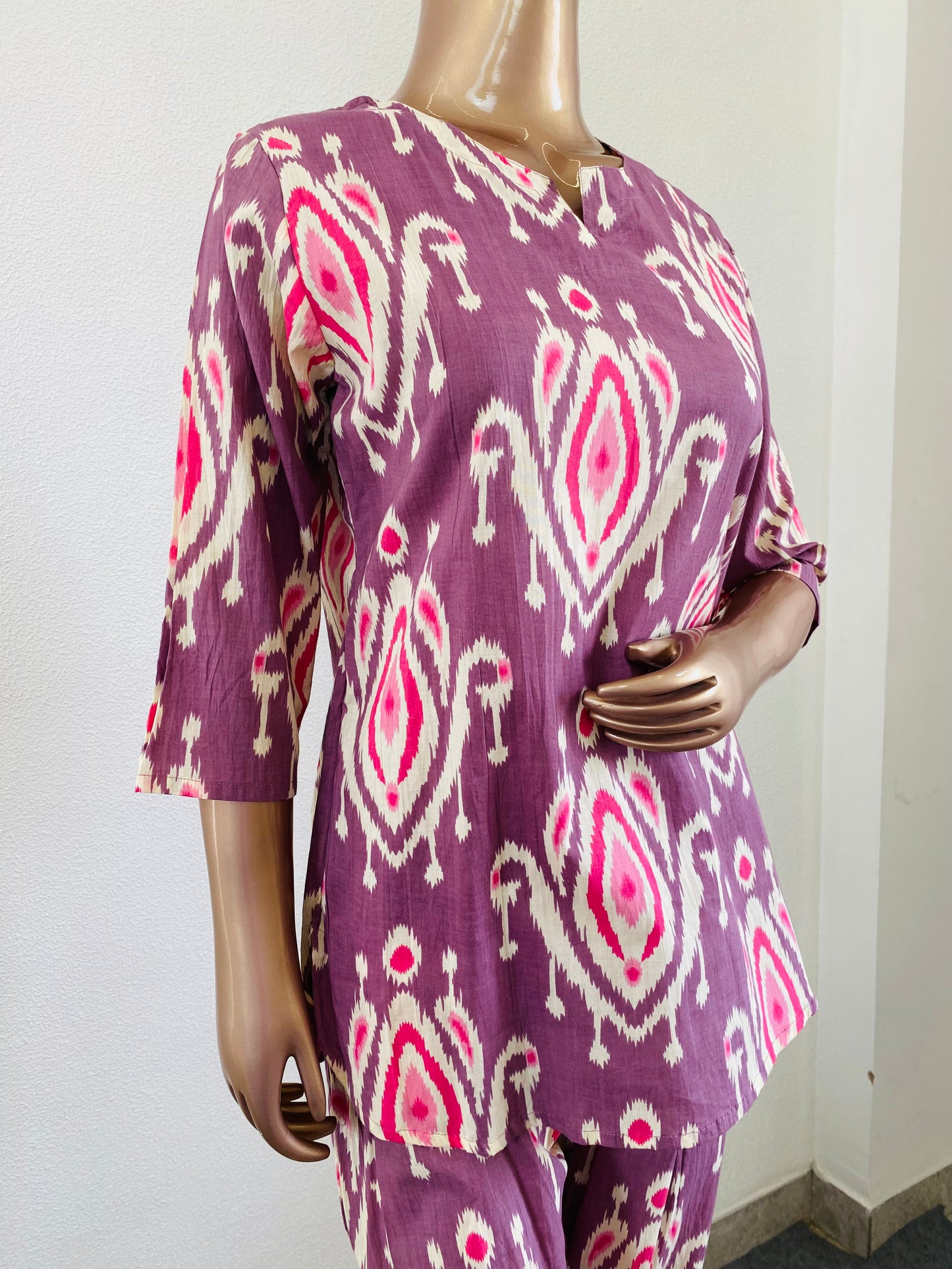 Ikkat Printed Cotton Lounge Wear - Lavender