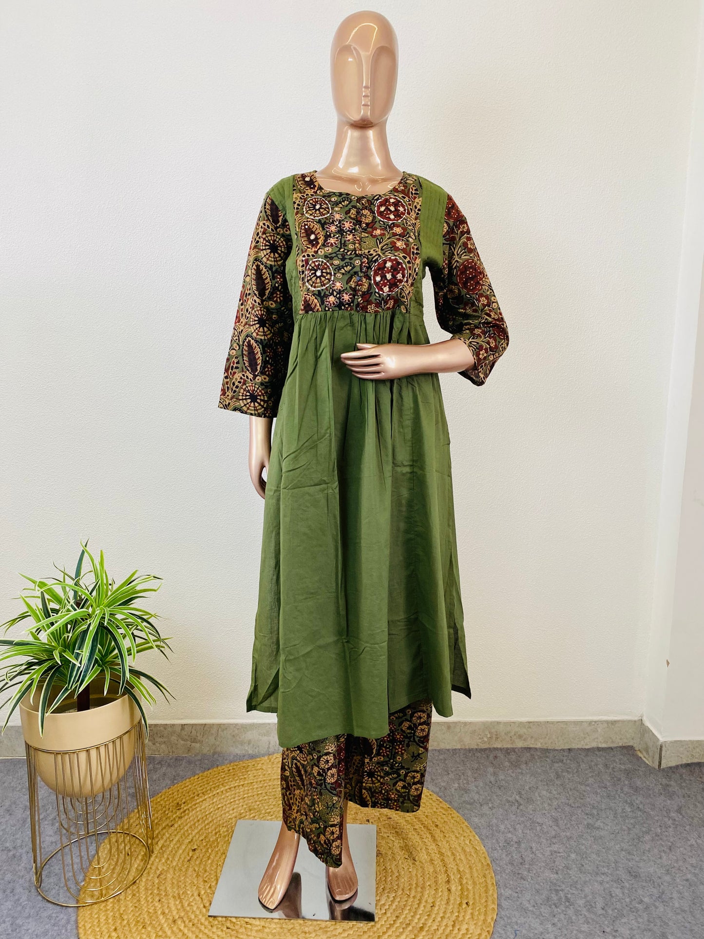 A-Line Cotton Suit Set with Printed Palazzo