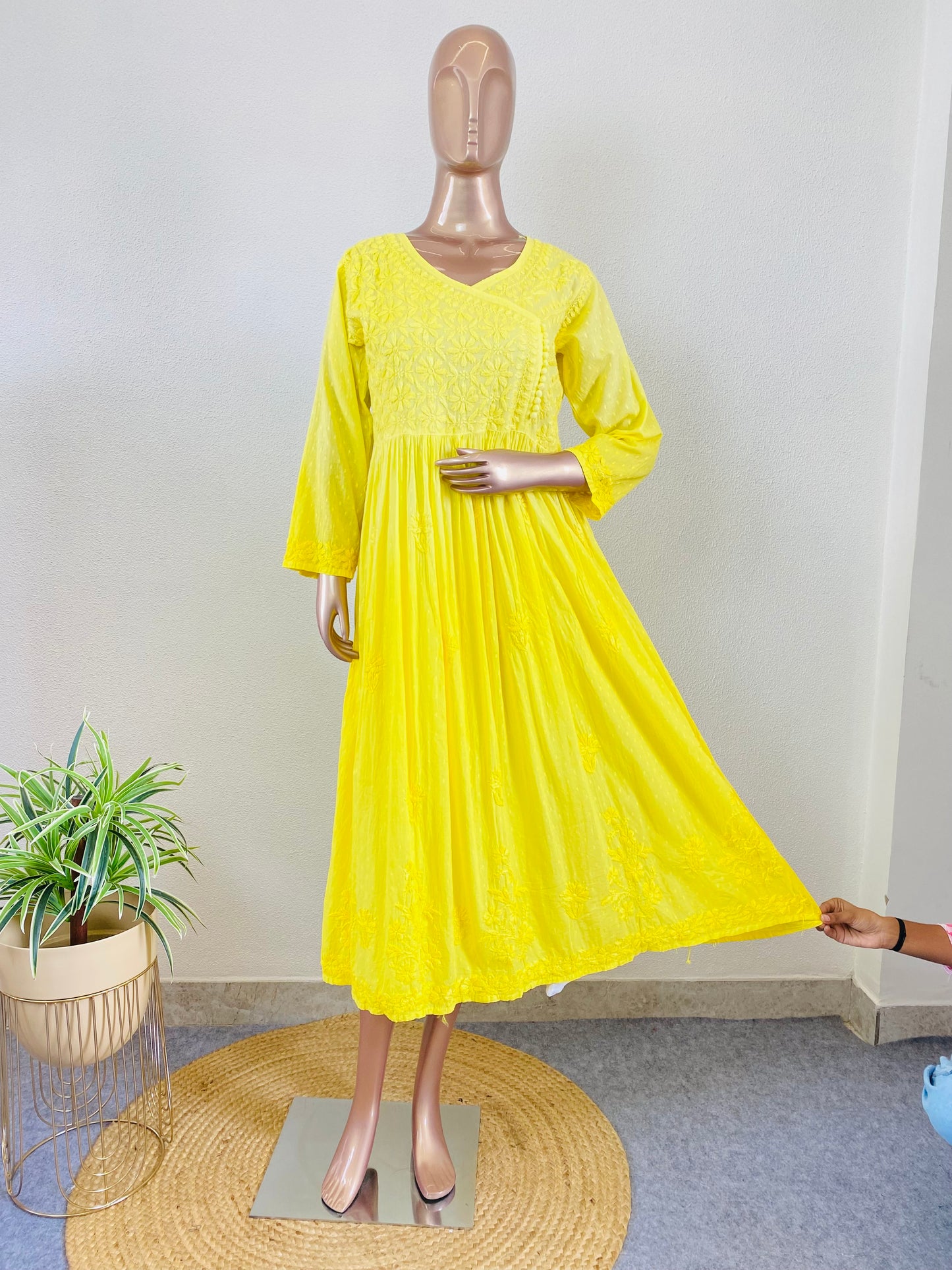 Dobby Cotton Chikankari Tunic - Yellow