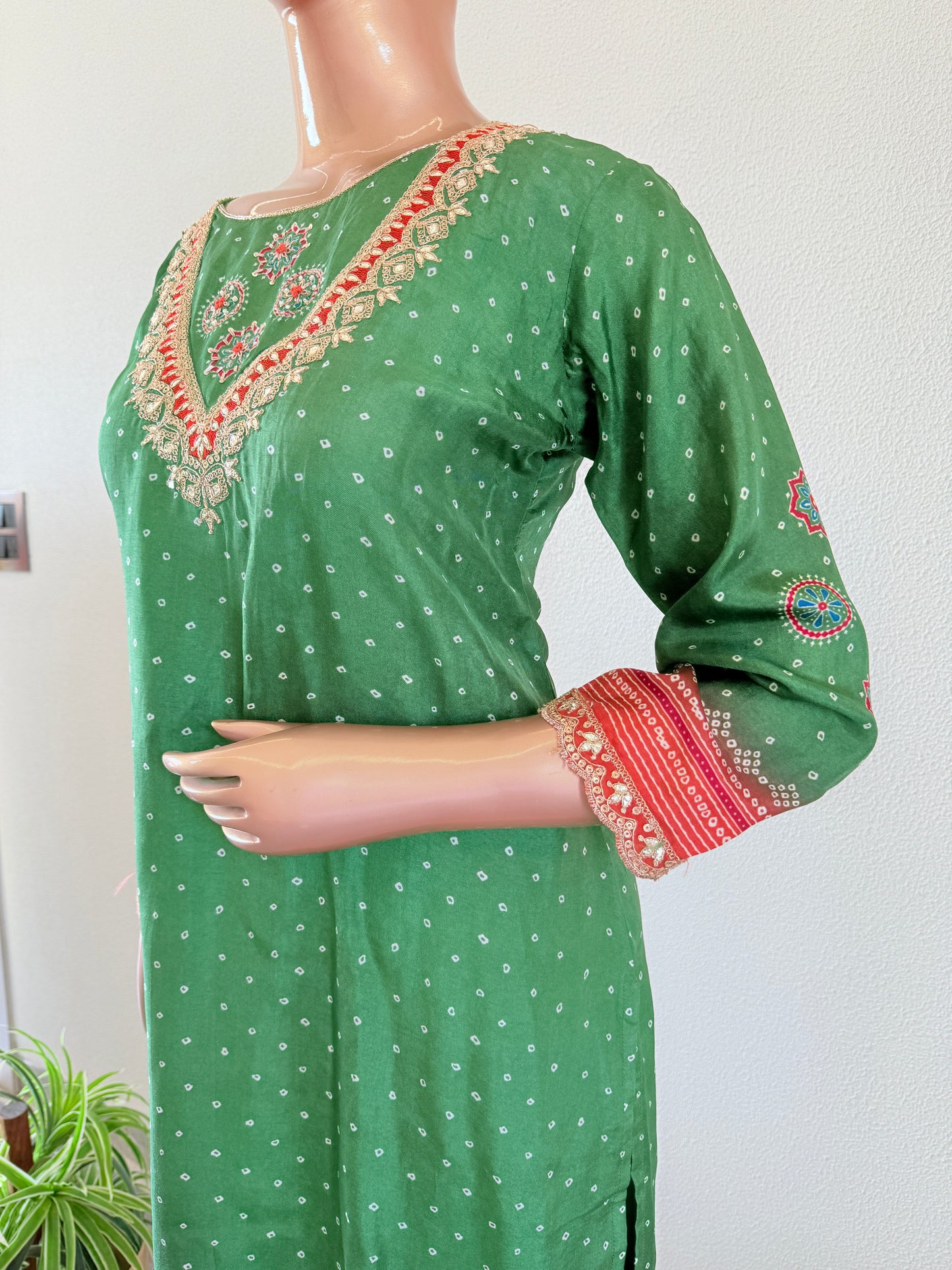 Bandhani Print Dola Silk Suit with organza dupatta