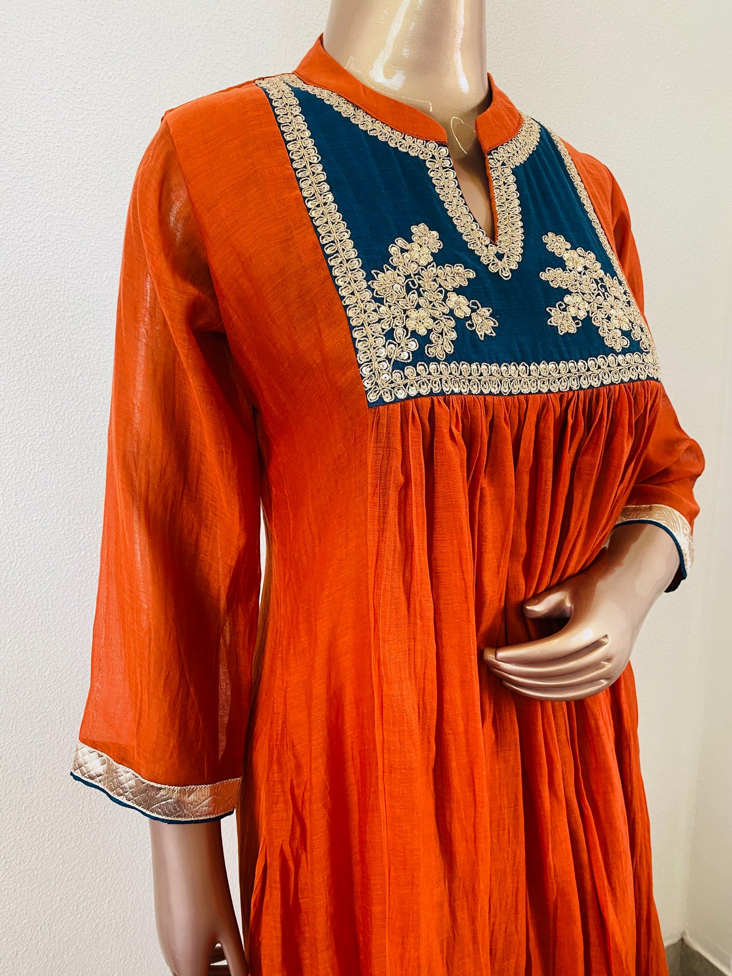 Pure Mul Chanderi Frock Suit with Contrast Yoke Detailing