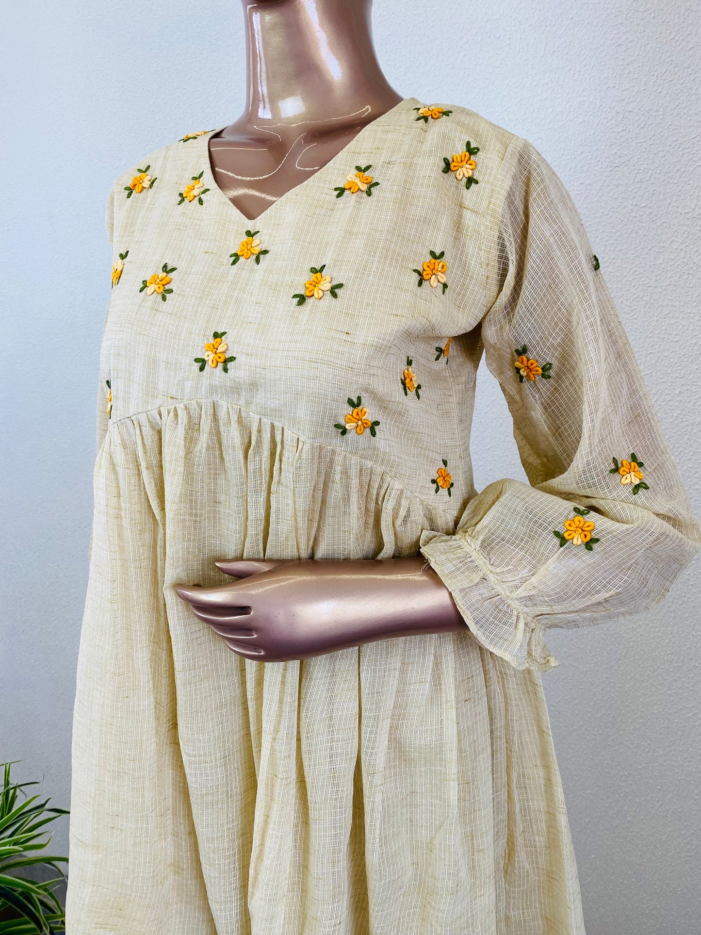 Kota Doria Tunic with Hand Embroidery On Yoke