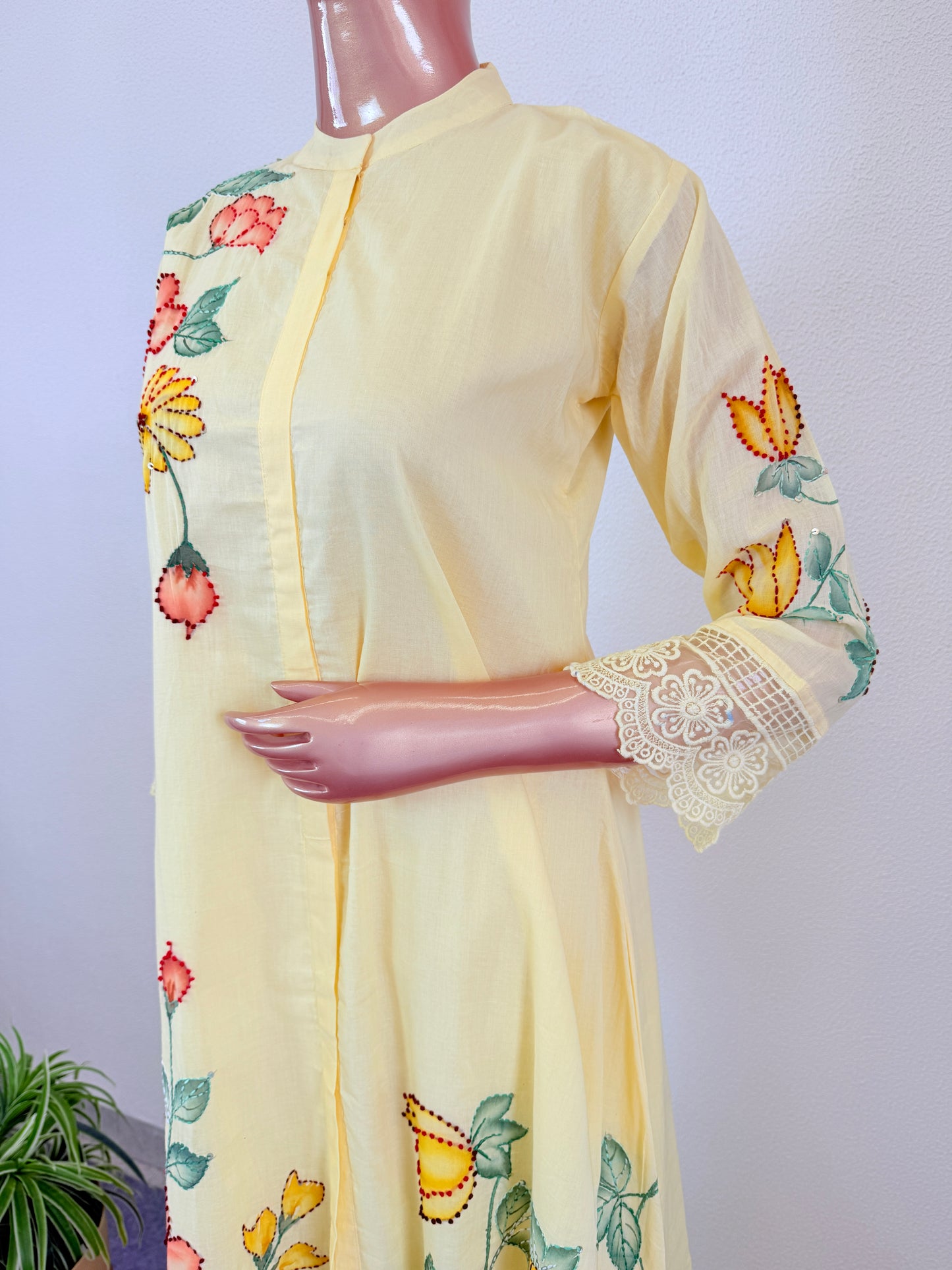 Hand Painted Kantha Work Cotton Kurta Pant Set - Yellow