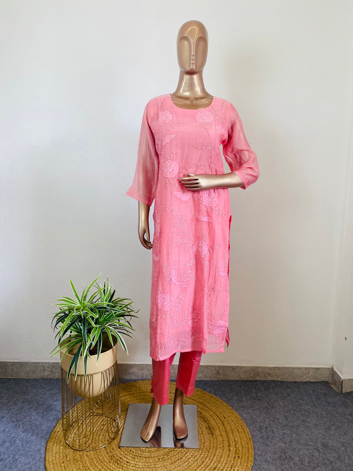 Pure Mul Chanderi Suit with Appliqué and French Knot Work