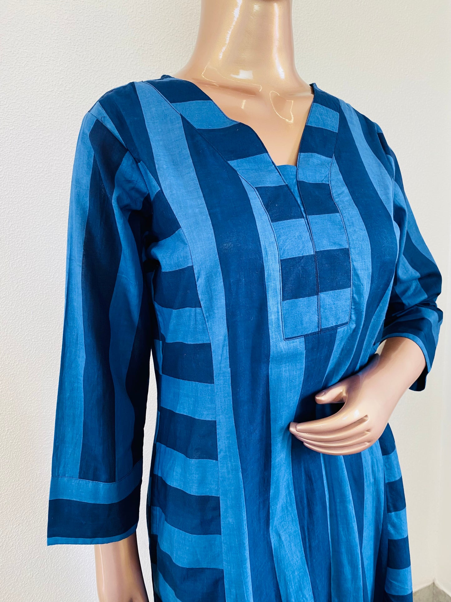 Cotton Kurta Pant Set with Stripe Print- Blue