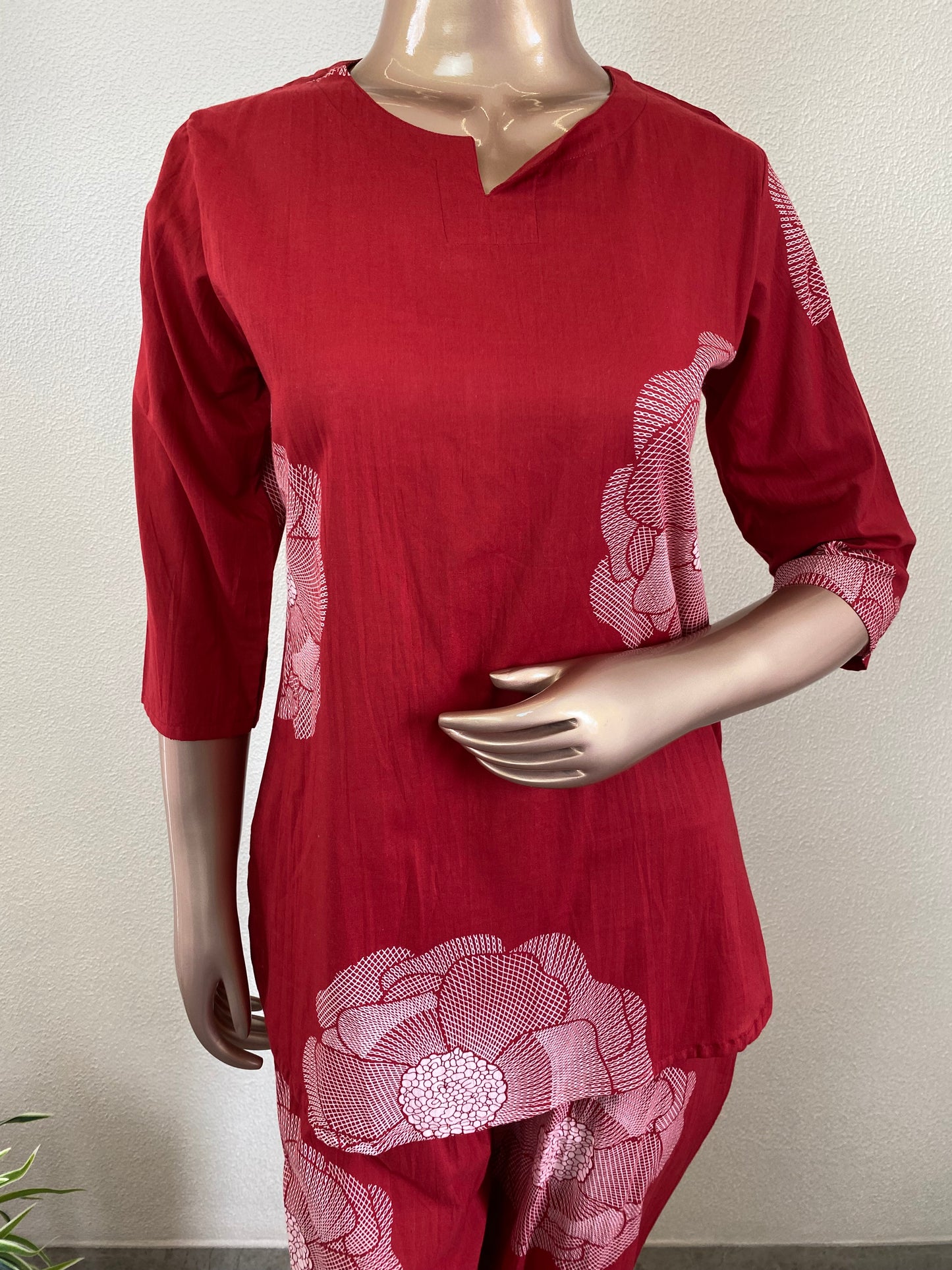 Placement Print Cotton Lounge Wear - Red