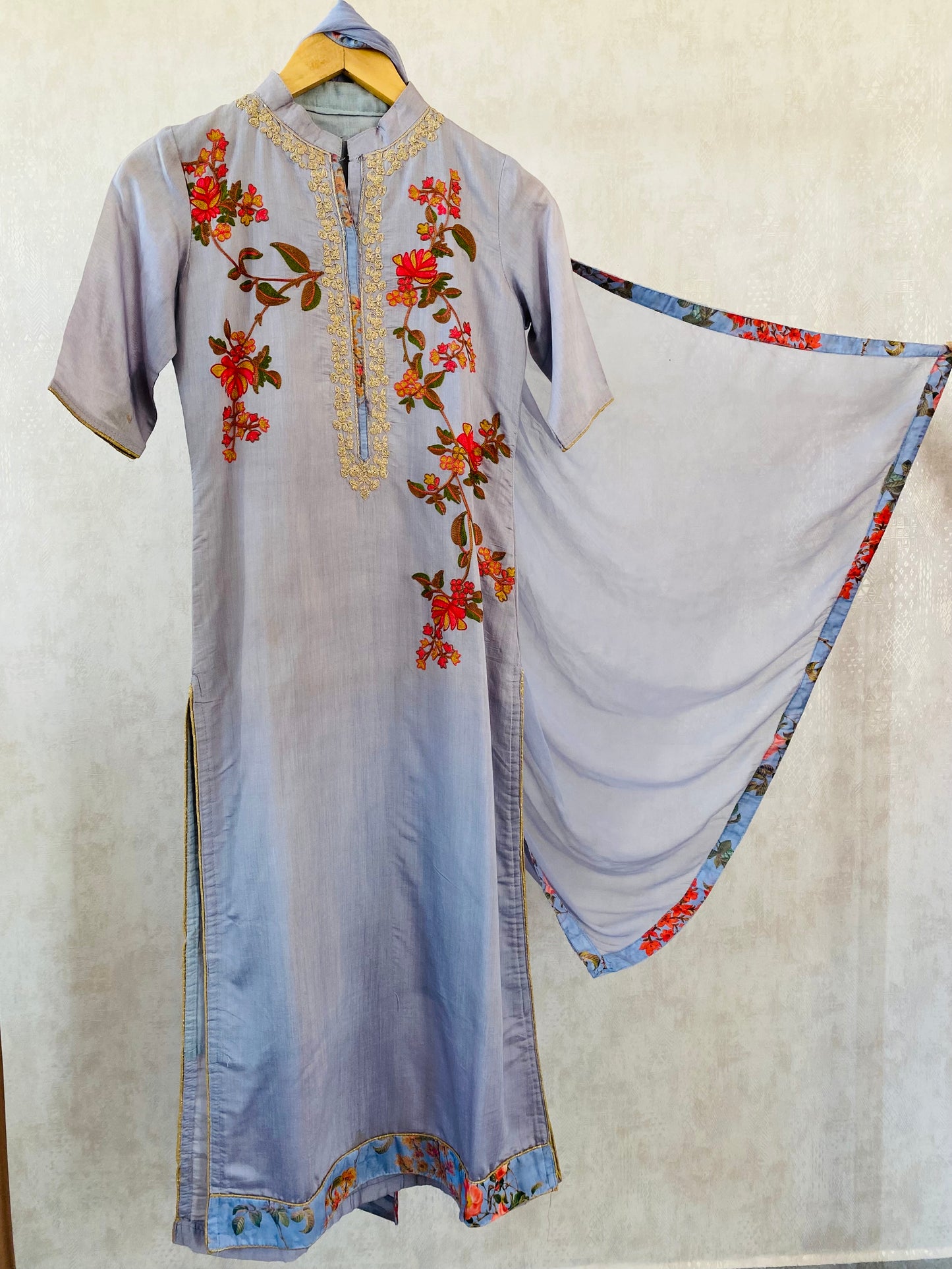 Aari work Silk Suit with Printed wide pants