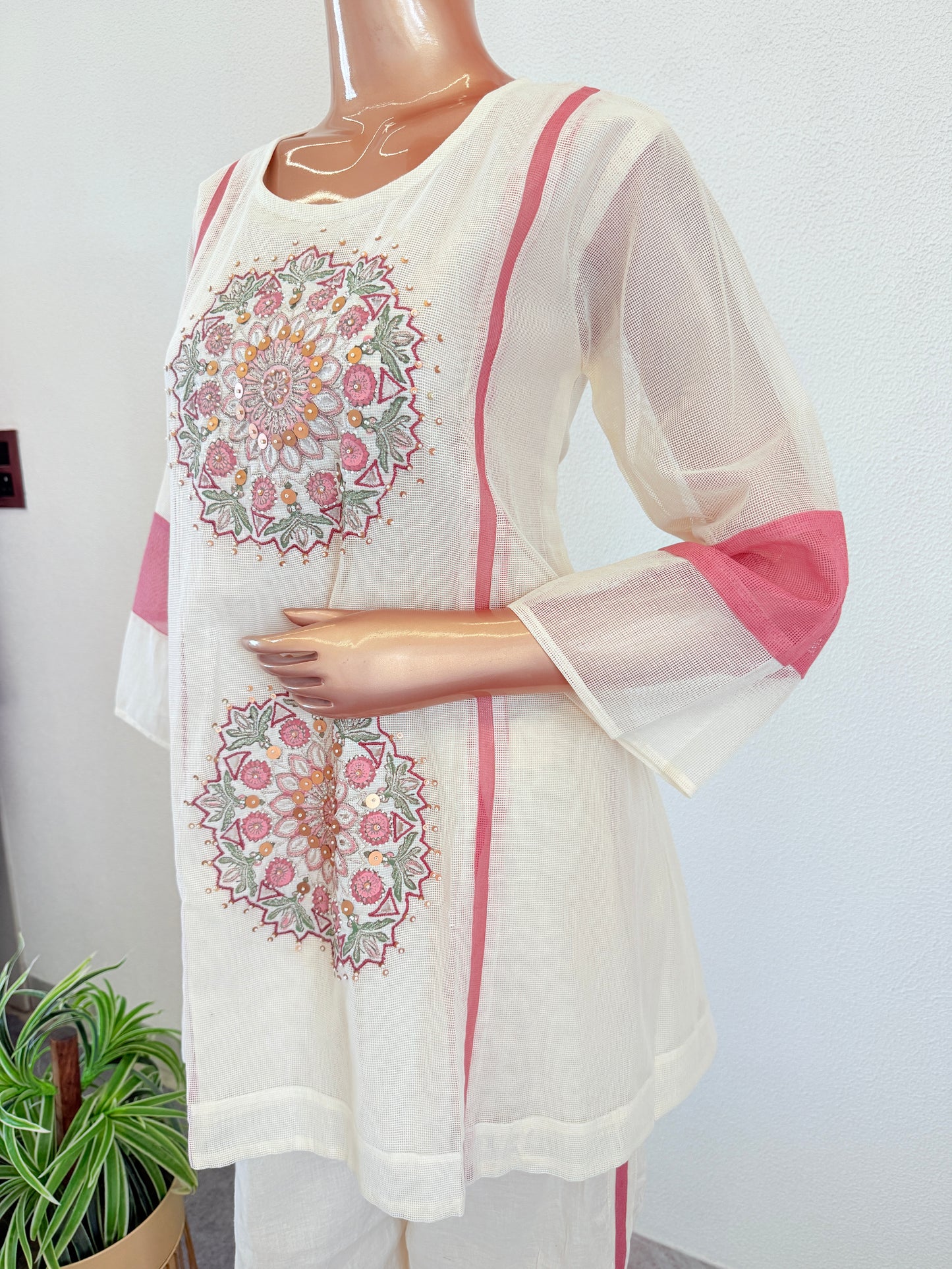 Super Net Cotton Coord Set with Pink Mandala Embroidery and Sequins