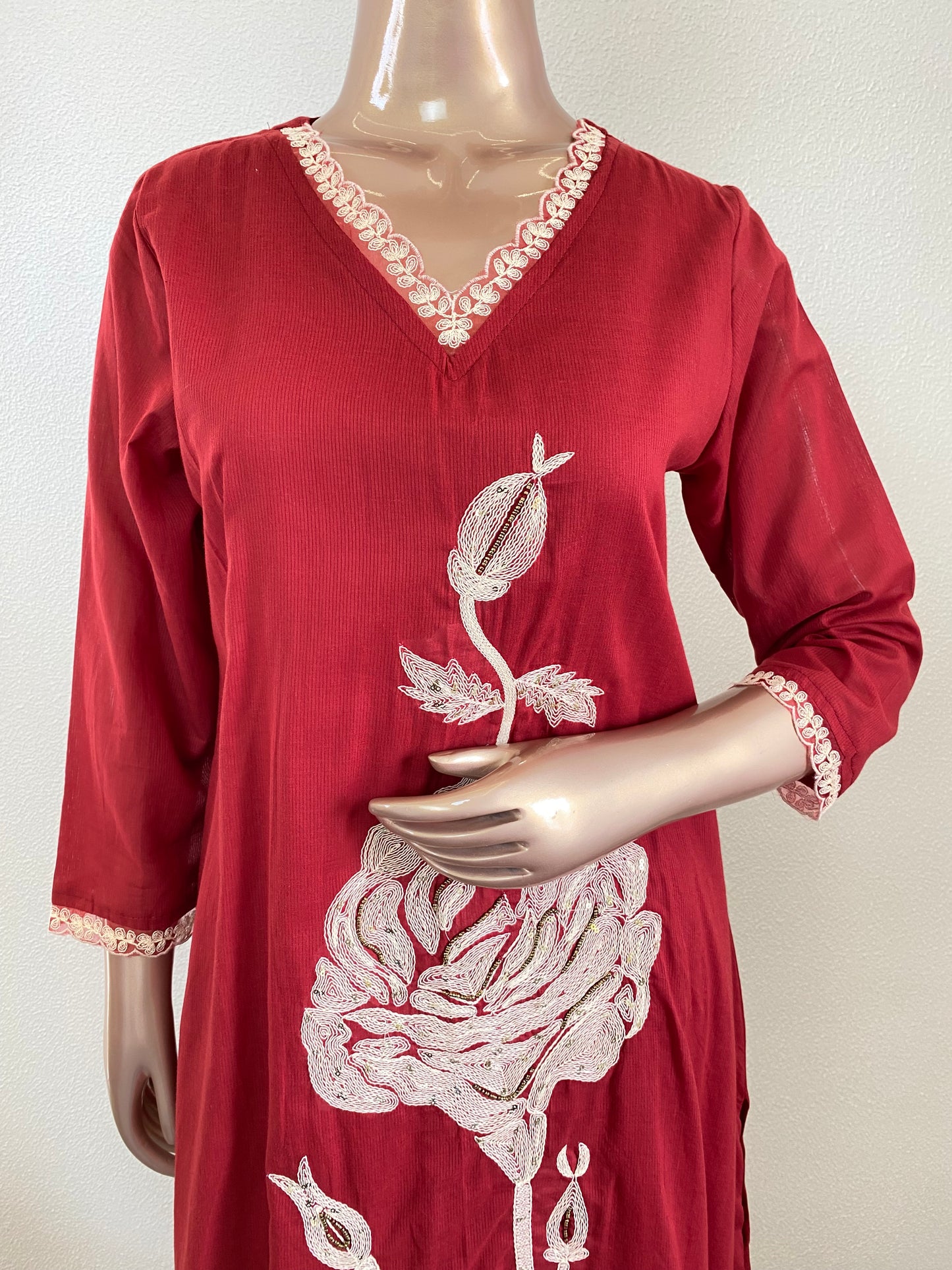 Embroidered Silly Cotton Suit Set with Mul Dupatta