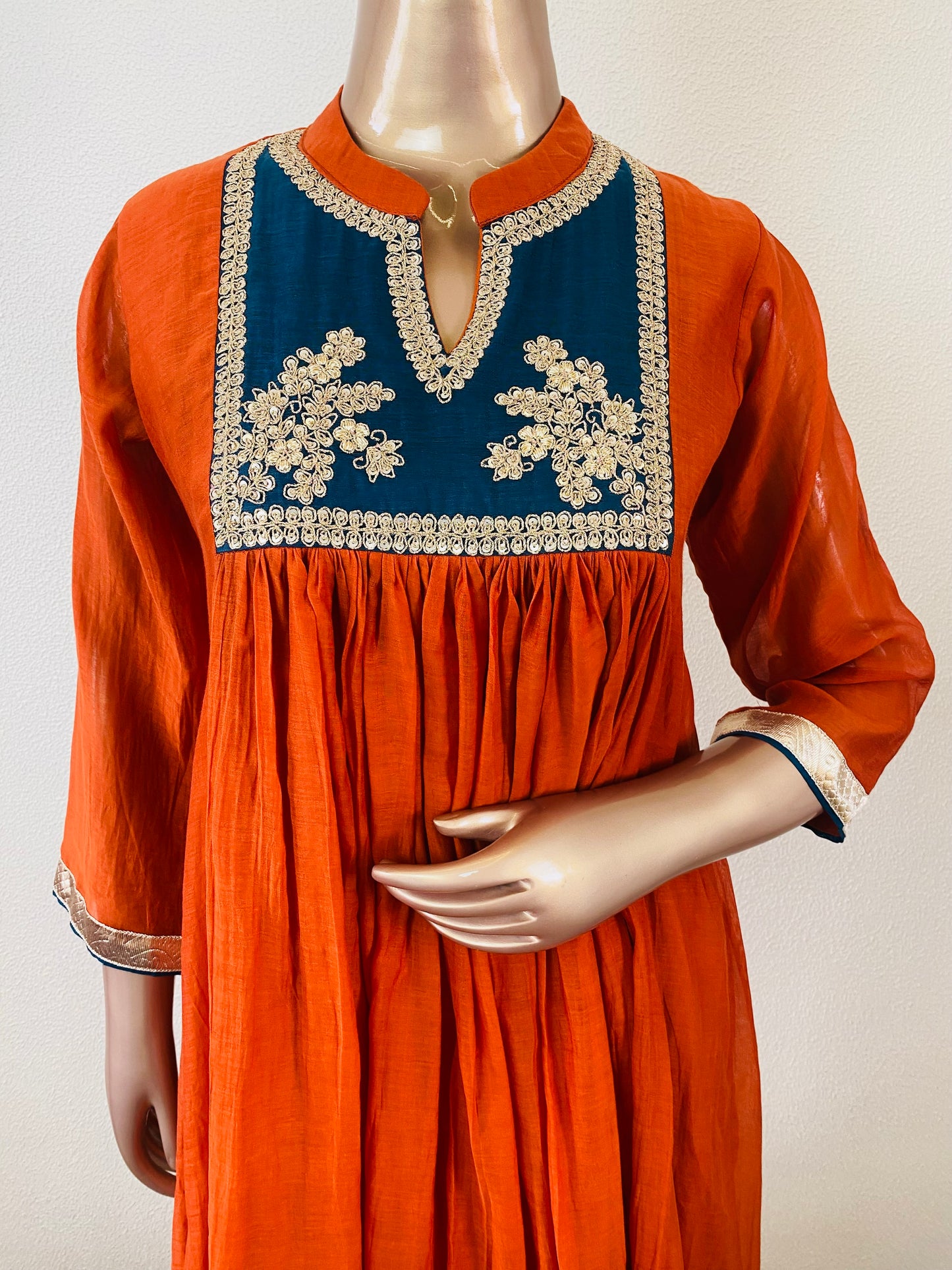 Pure Mul Chanderi Frock Suit with Contrast Yoke Detailing