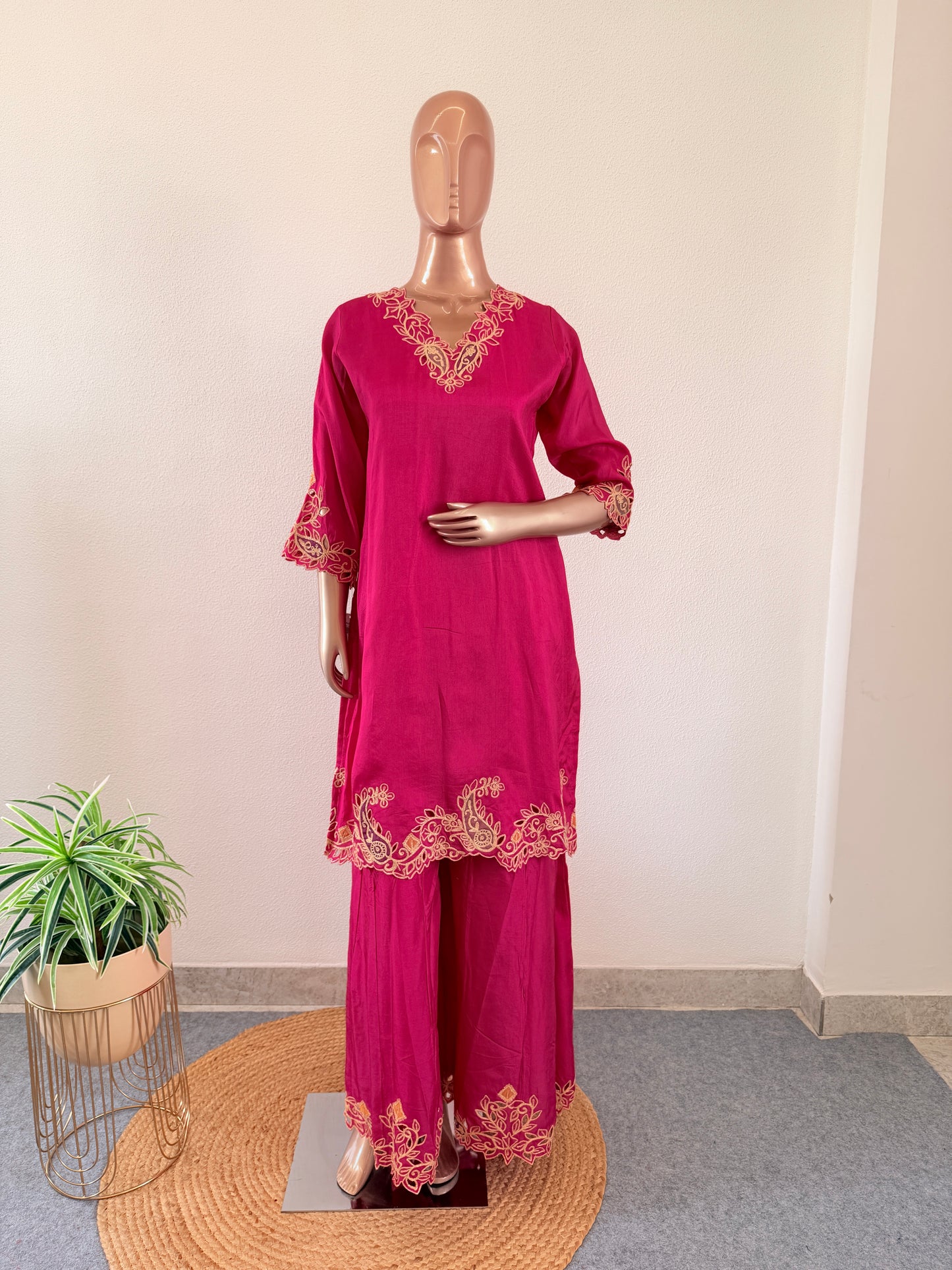 Dola Silk Aari work Suit set with Wide pants