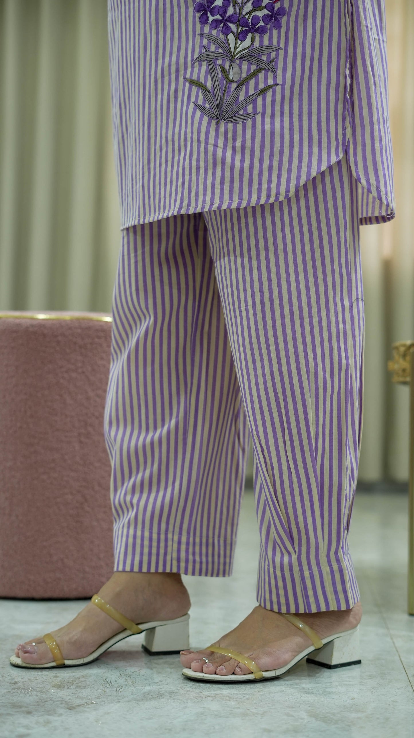 Striped Cotton Kurta Afghani Pant set with Floral Applique Patch