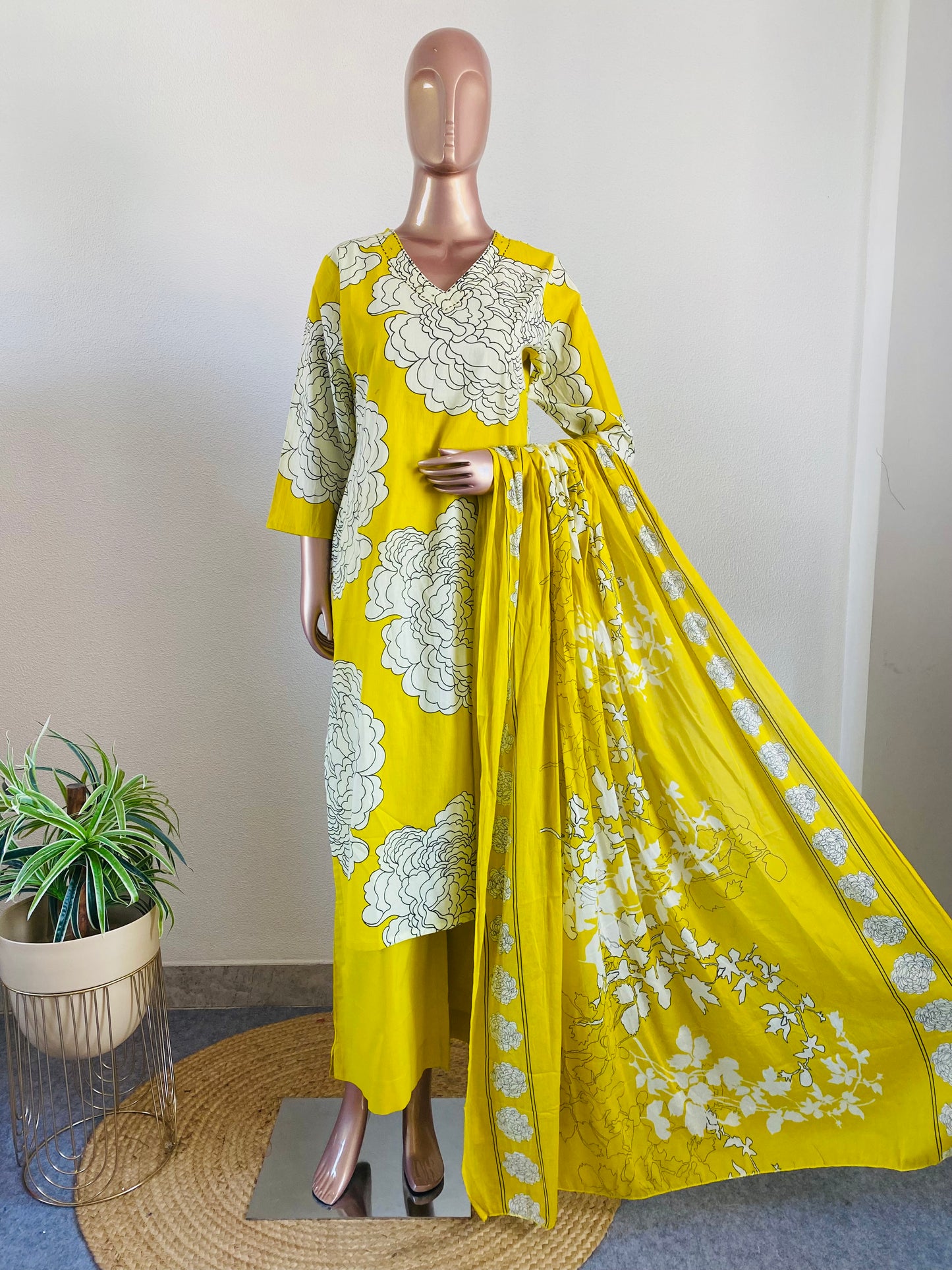 Floral Print V Neck Cotton Suit Set