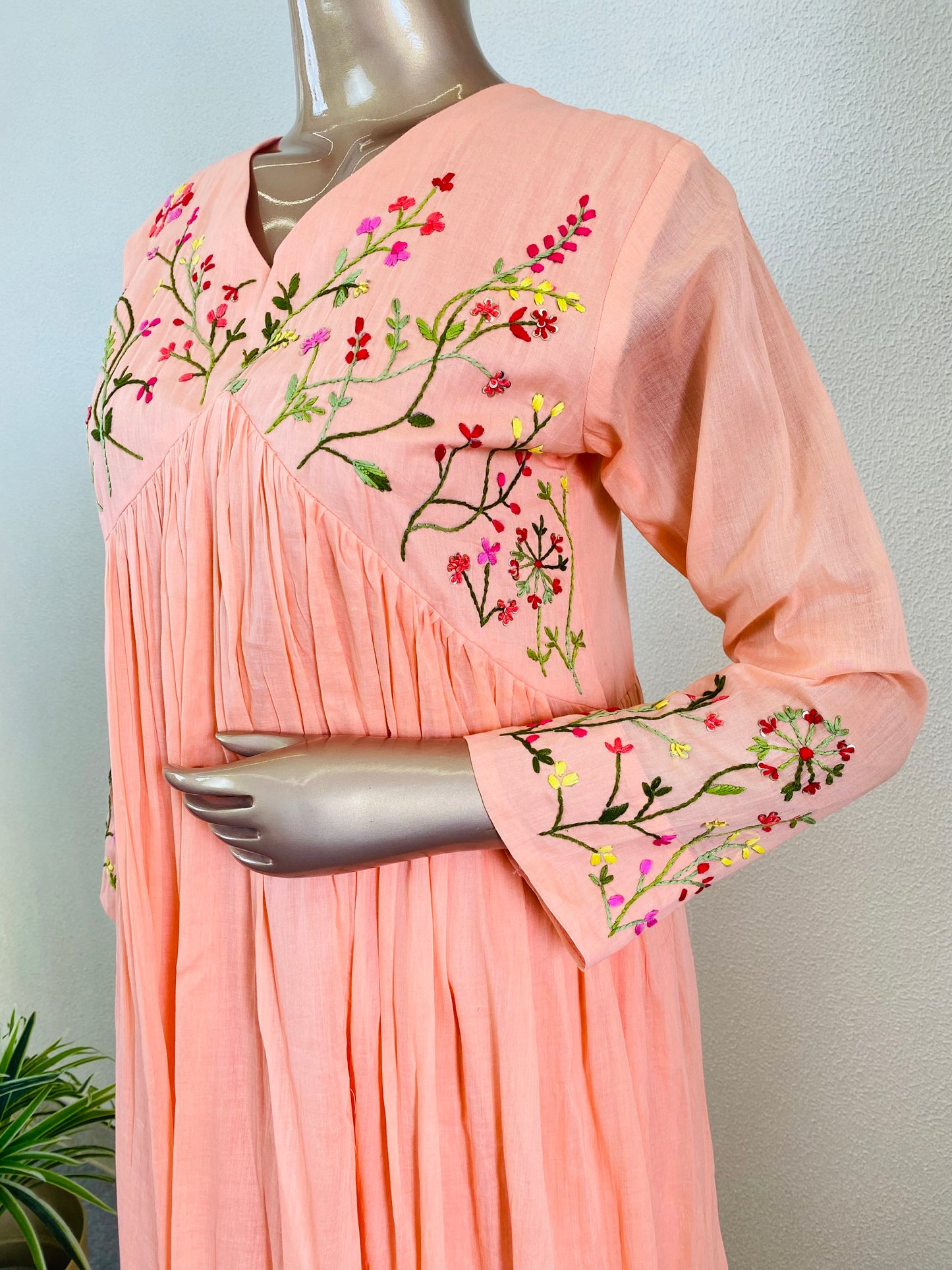 Malai Cotton Frock Suit with Hand Embroidery- Peach