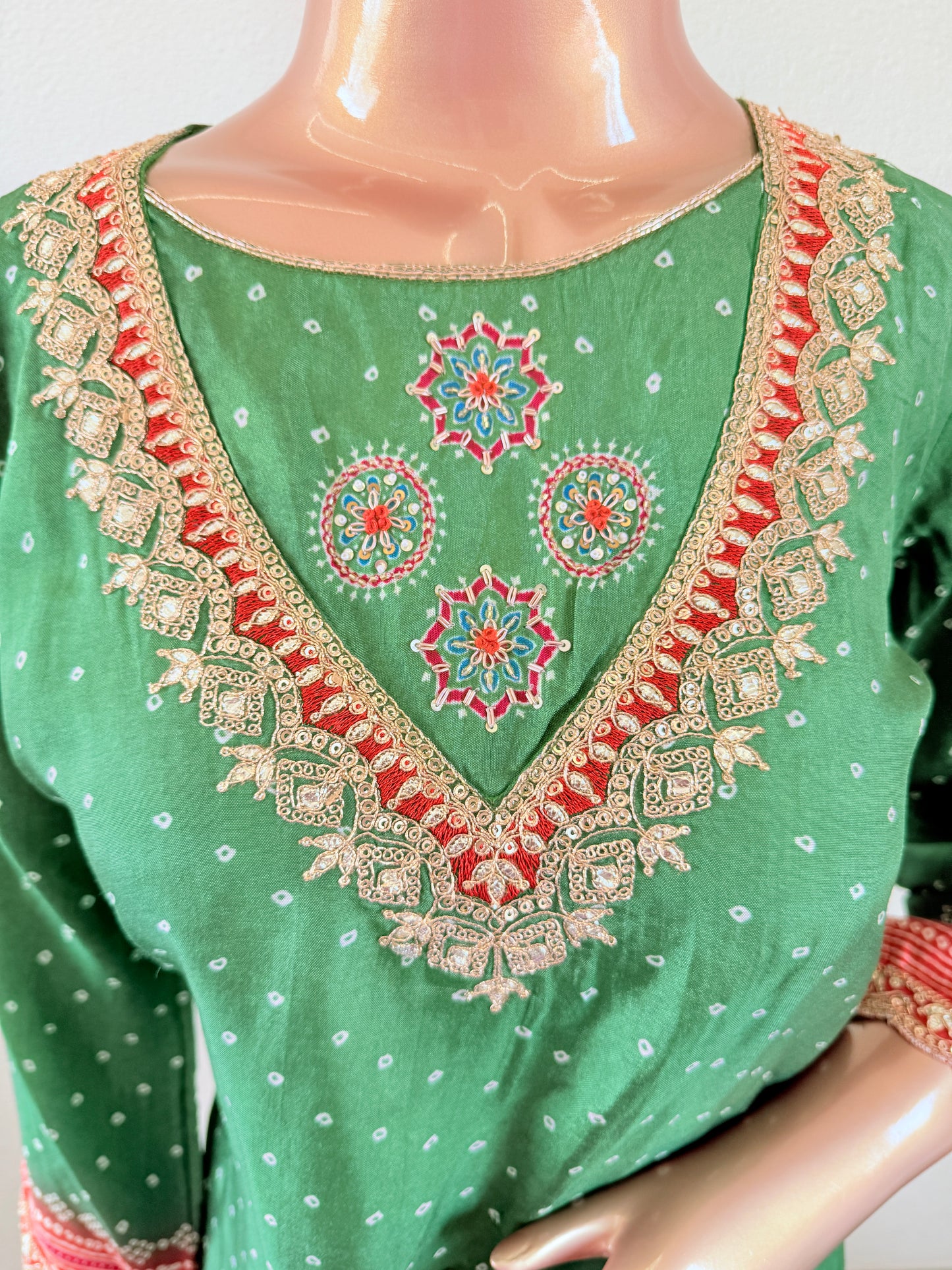 Bandhani Print Dola Silk Suit with organza dupatta