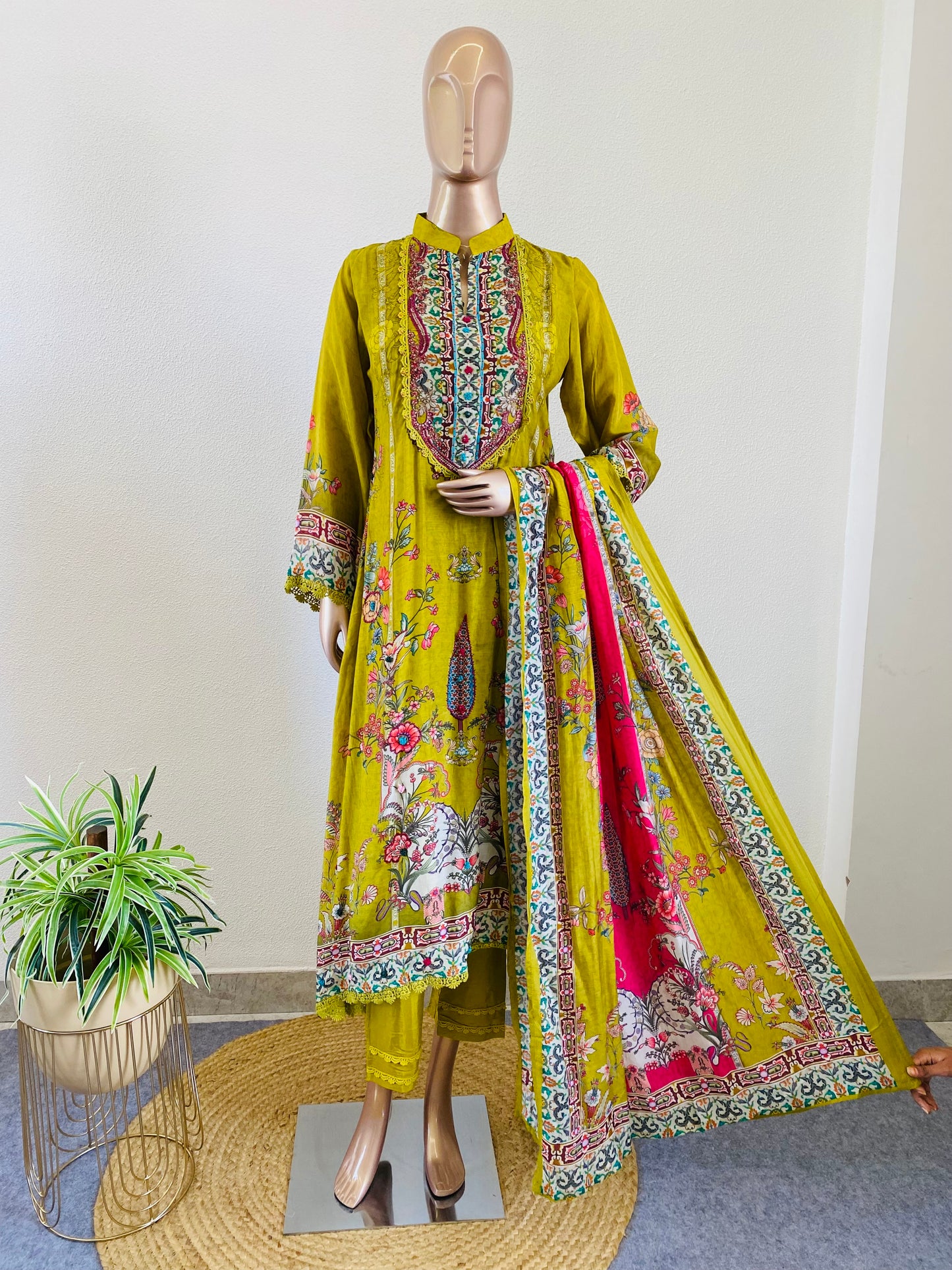 Printed Soft Muslin A-line Suit Set- Green