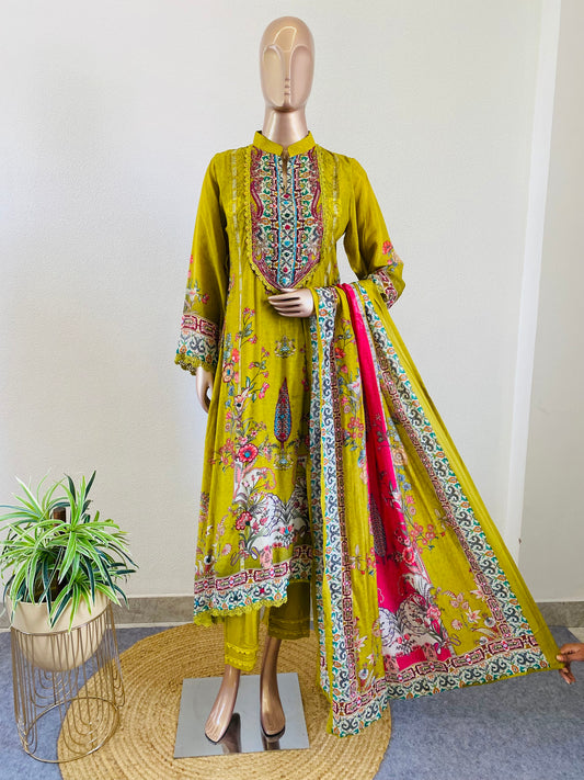 Printed Soft Muslin A-line Suit Set- Green