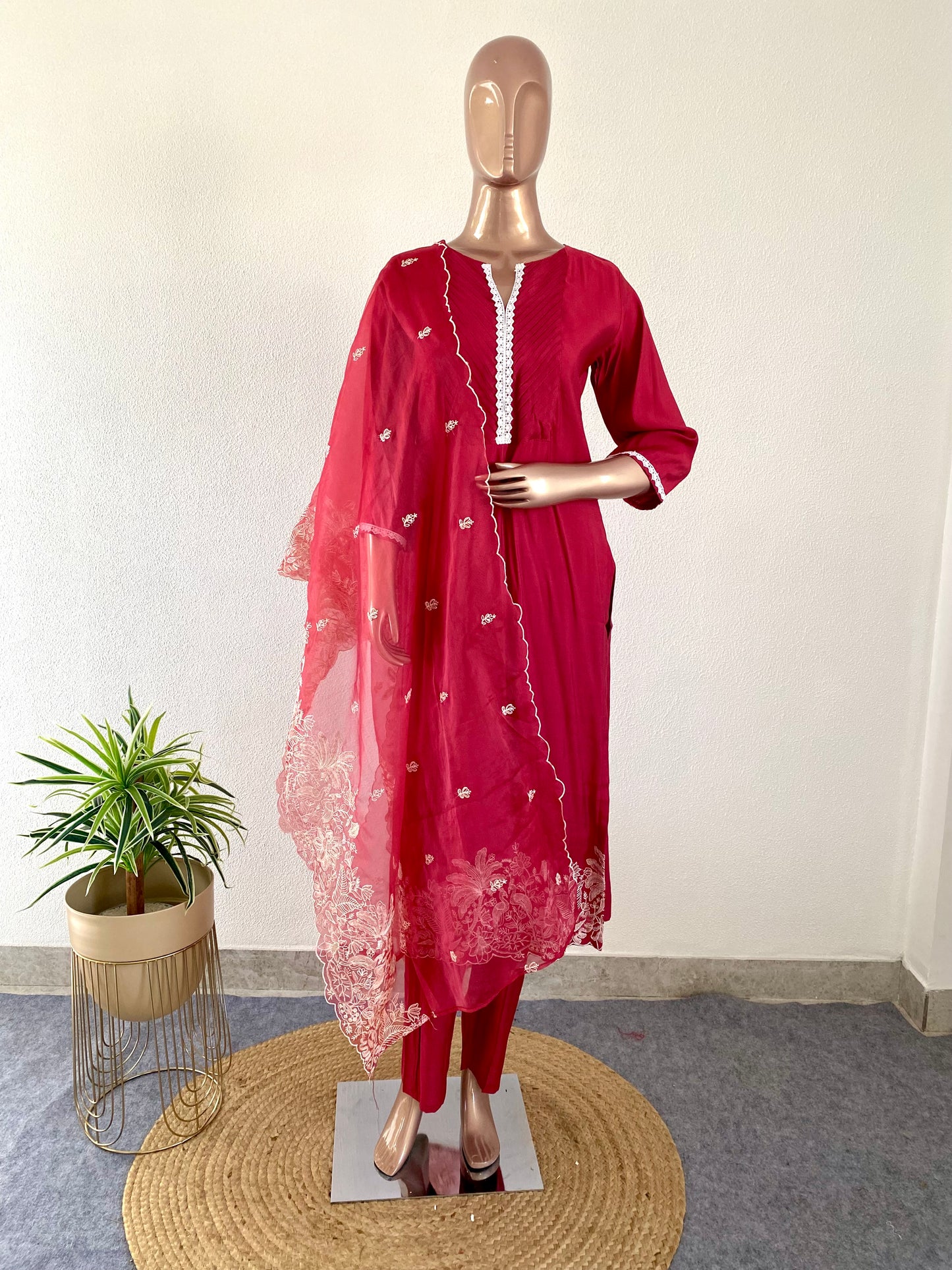 Roman Silk Suit with Organza Dupatta and Aari work