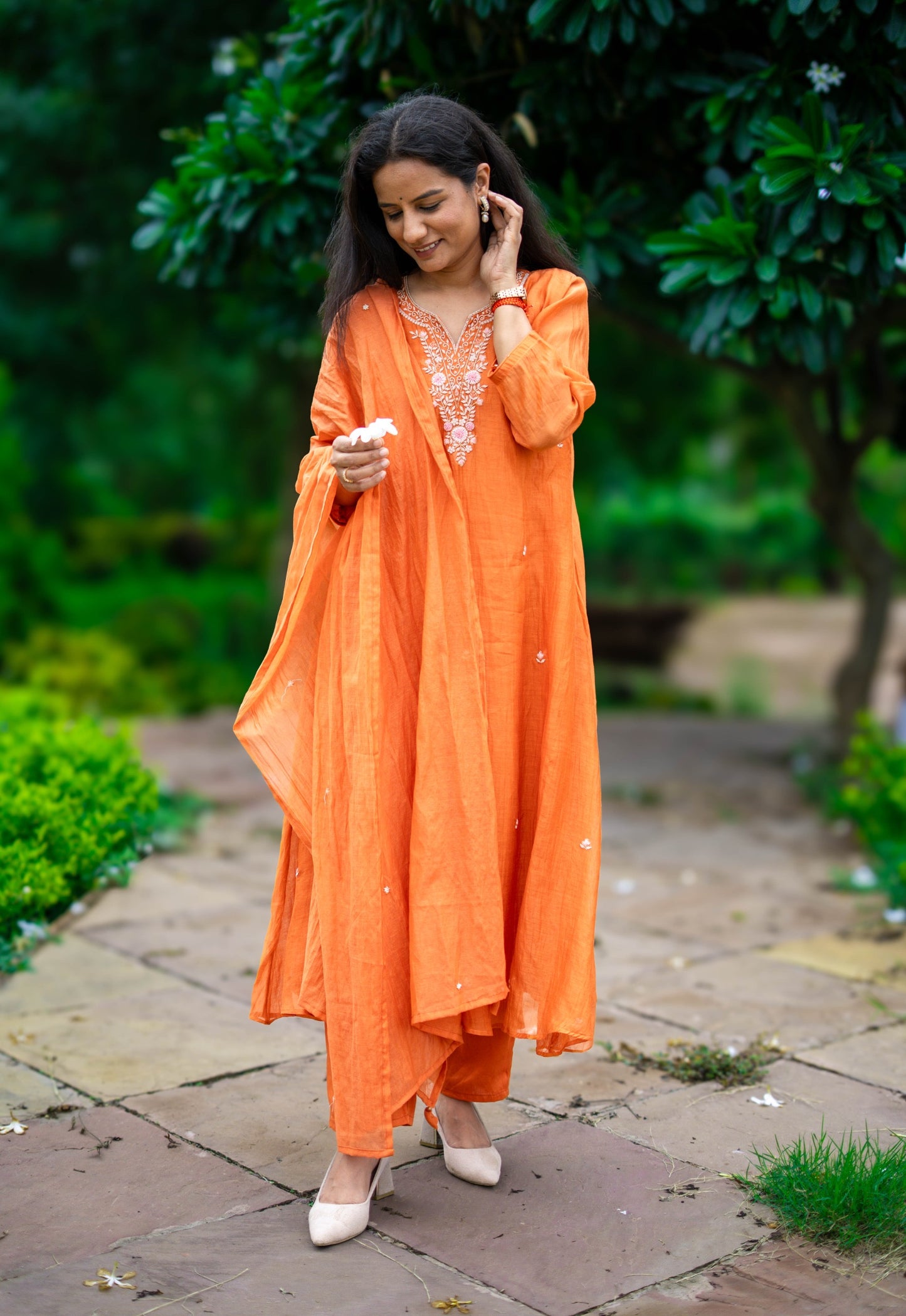 Zardozi Work Mul Chanderi Suit Set - Orange