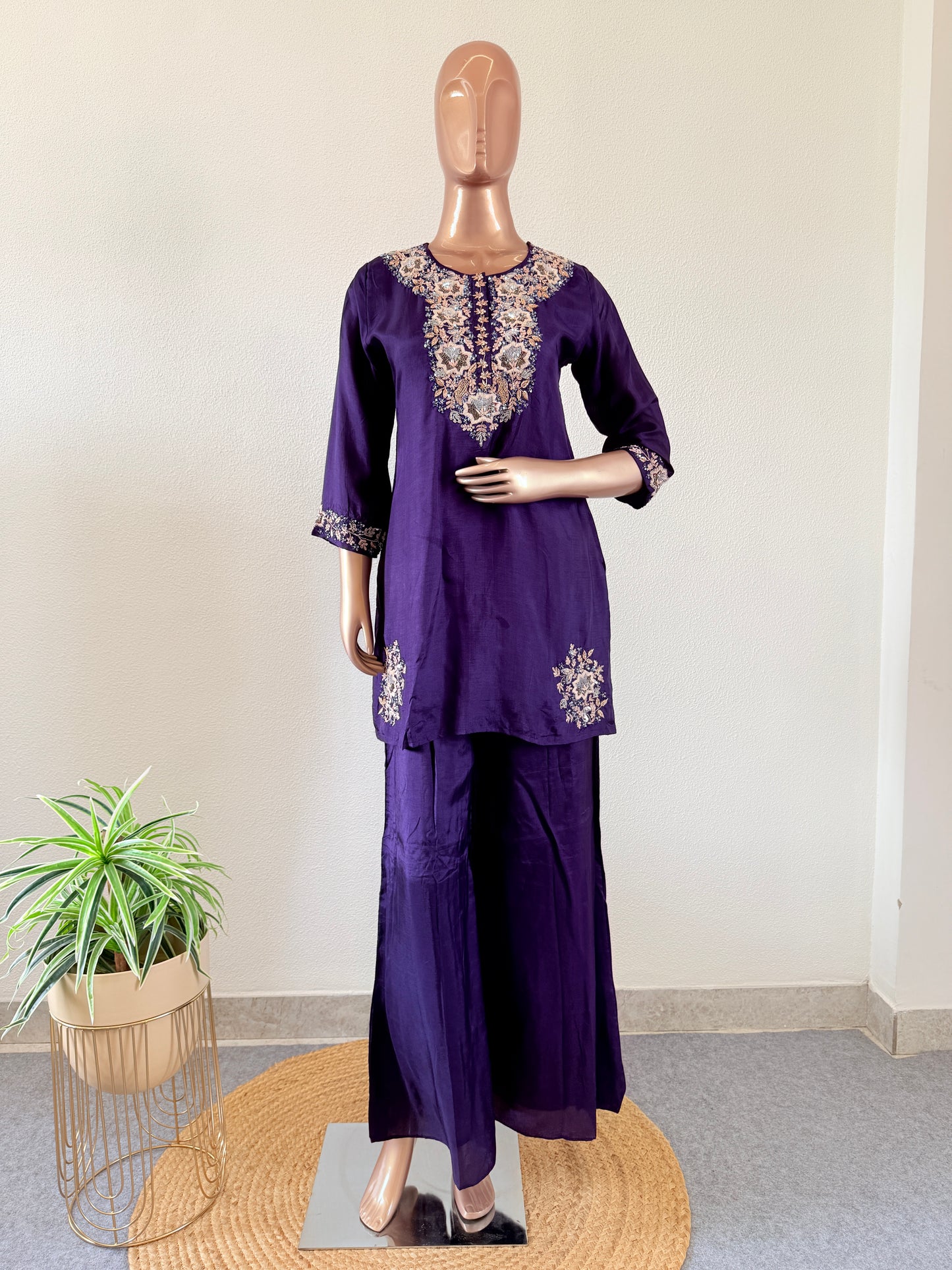 Dola Silk Short Kurta Suit Set- Purple