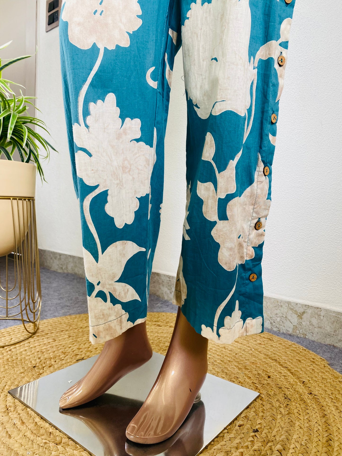 Cotton Coord Set with Puff Sleeves and Buttoned Pants- Blue