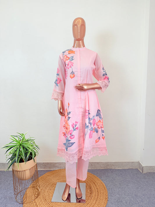 Hand Painted Kantha Work Cotton Kurta Pant - Pink