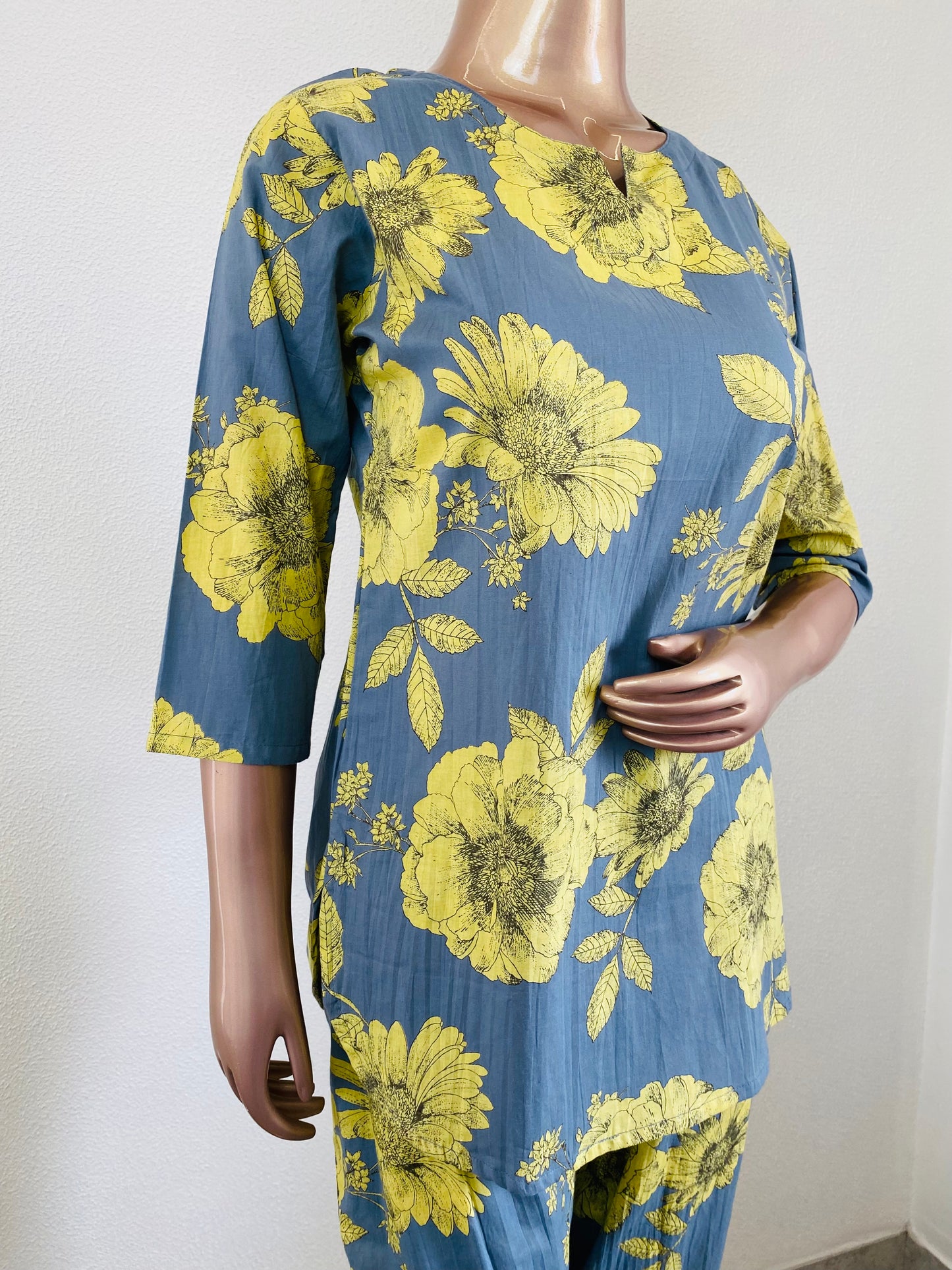 Flower Print Cotton Lounge Wear - Grey
