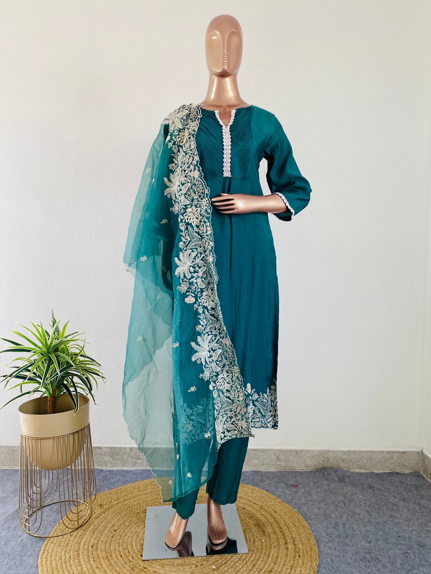 Roman Silk Suit with Organza Dupatta and Aari work
