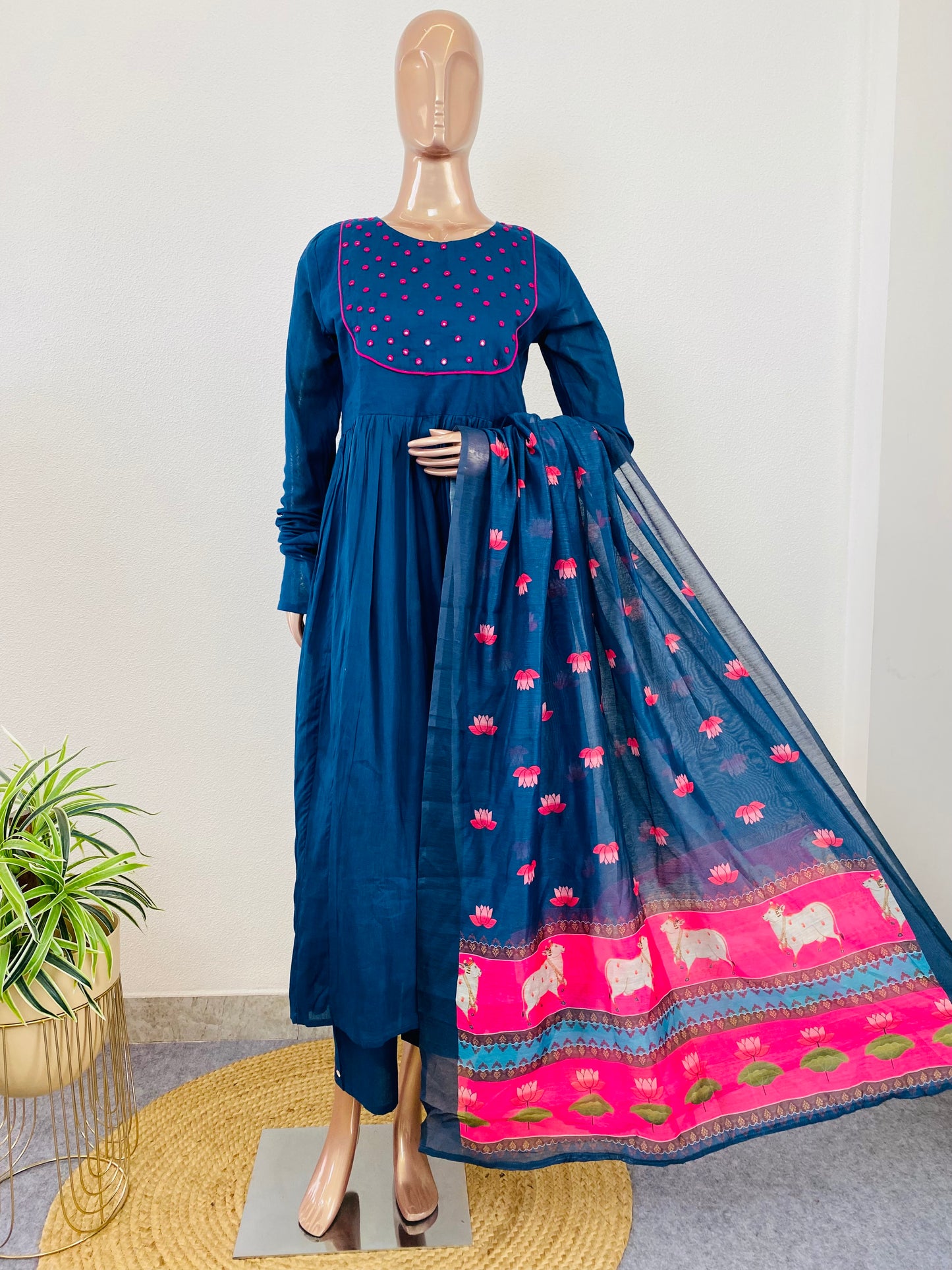 Cotton Frock Suit with Mirror Work Pichwai Print Chanderi Dupatta