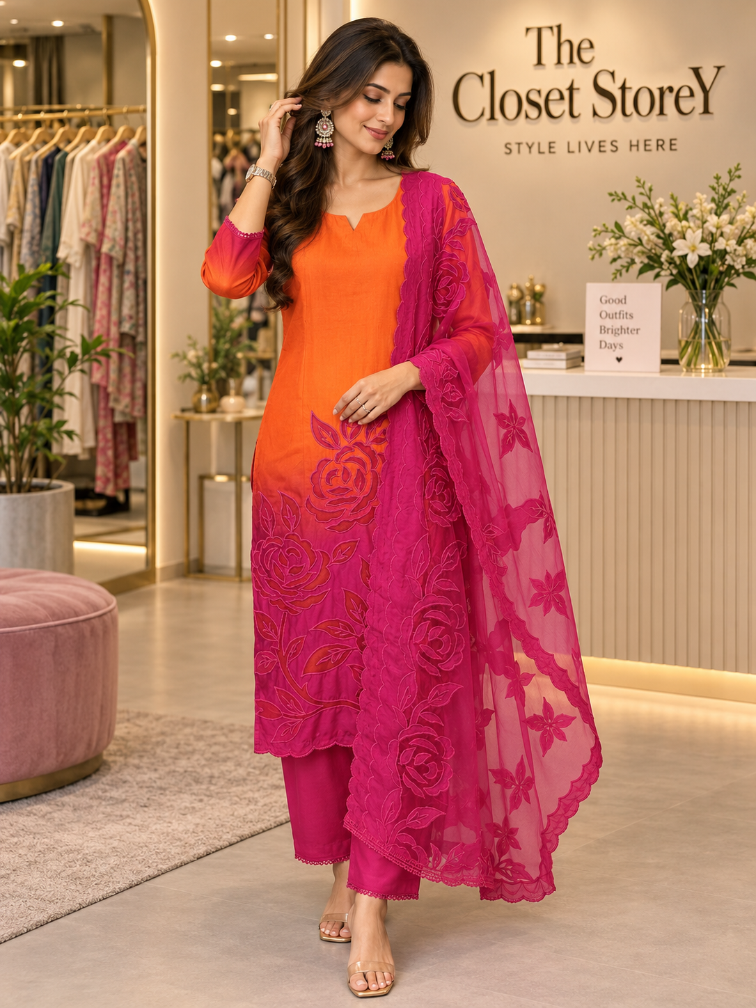 Premium Silk Ombre Suit with cutwork & Organza Dupatta - Pink