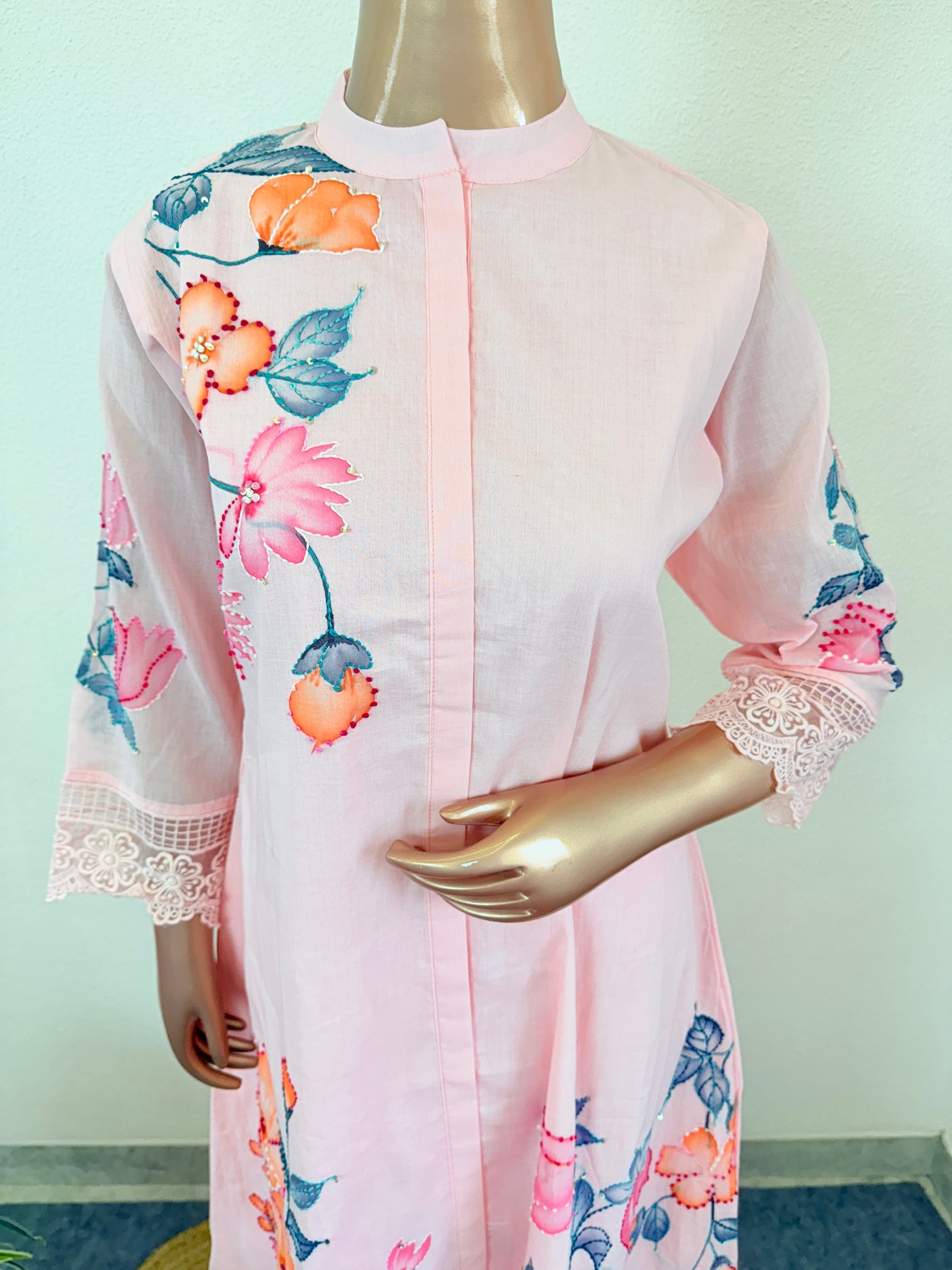 Hand Painted Kantha Work Cotton Kurta Pant - Pink